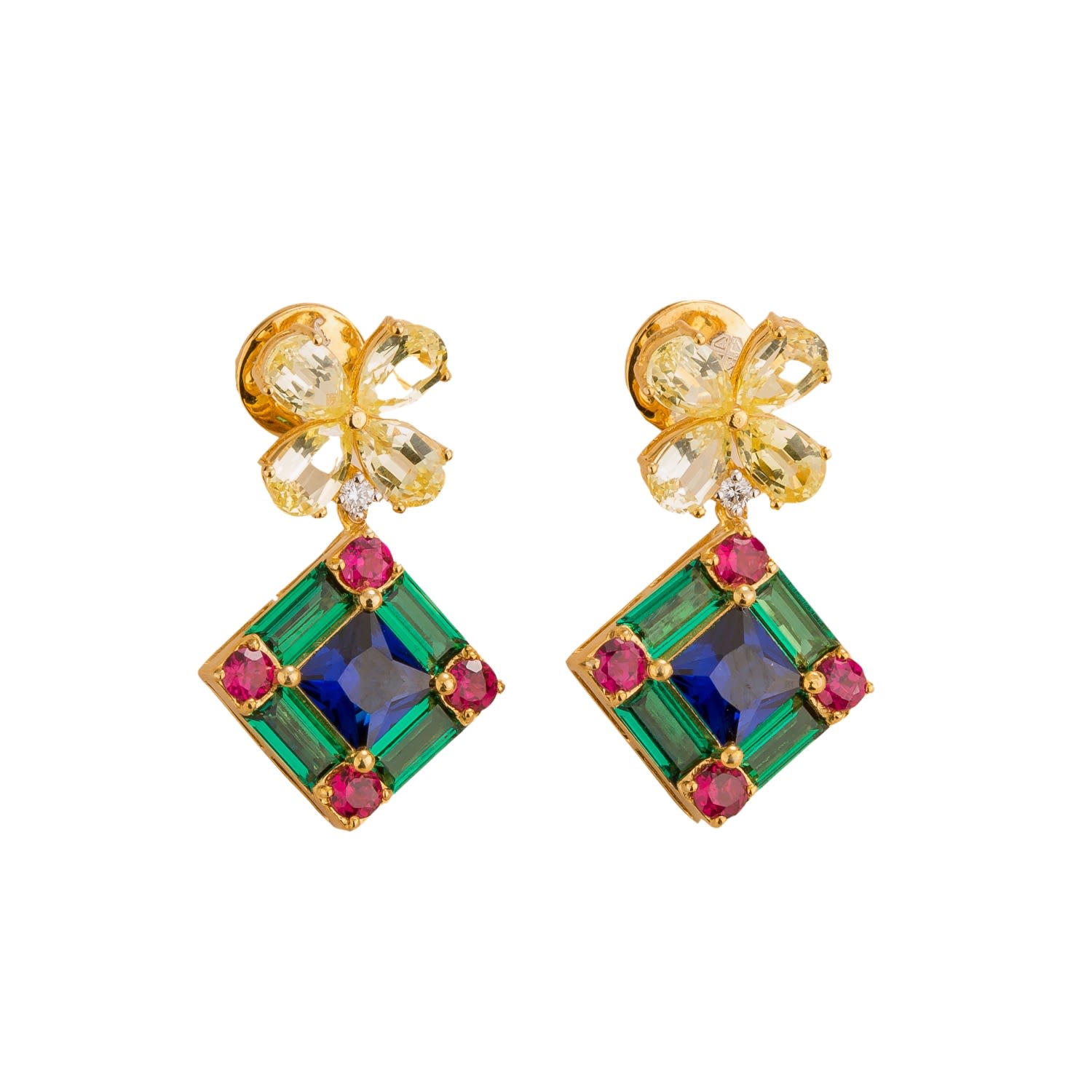Juvetti Women's Medina Earrings Yellow Sapphire, Royal Blue Sapphire, Ruby, Emerald & Diamond In Gold