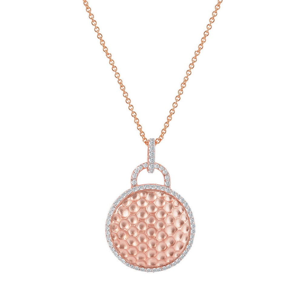 Women’s White / Rose Gold Sterling Silver Rose Plated Round Hammered Drop Pendant Genevive Jewelry