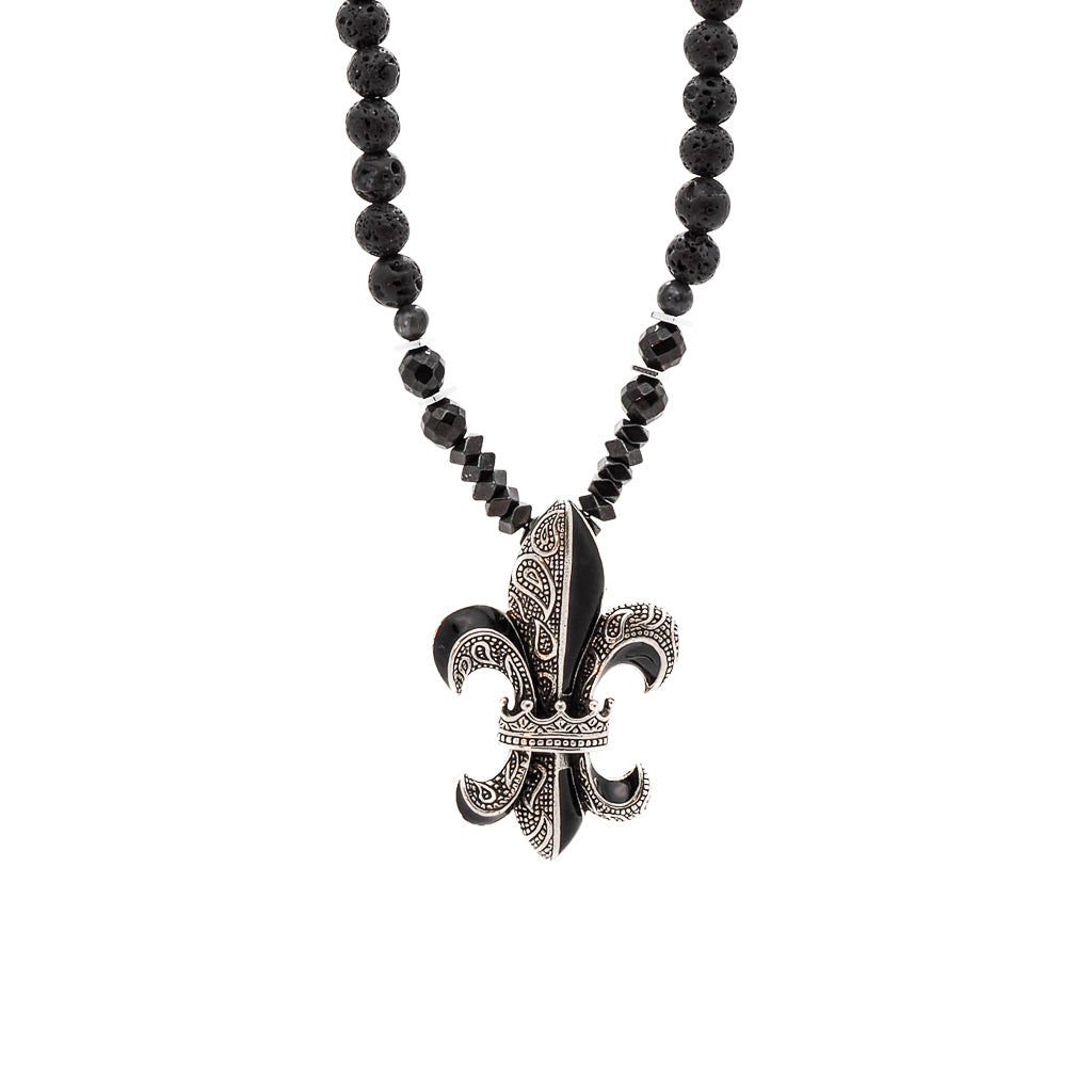 Black / Silver Sterling Silver Fleur De Lis Pendant Black Beaded Men’s Necklace - Black Ebru Jewelry