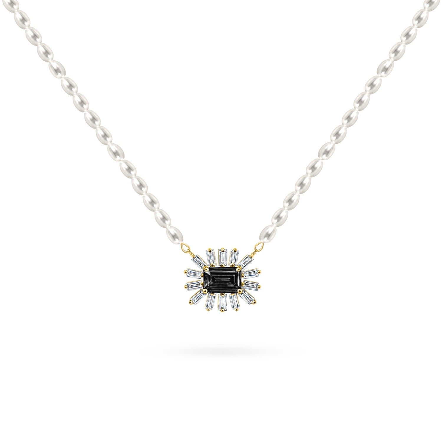 Women’s Necklace Cleopatra Baguette White Pearls On 18K Yellow Gold, Diamonds And Precious Stones - Onyx Aquae Jewels