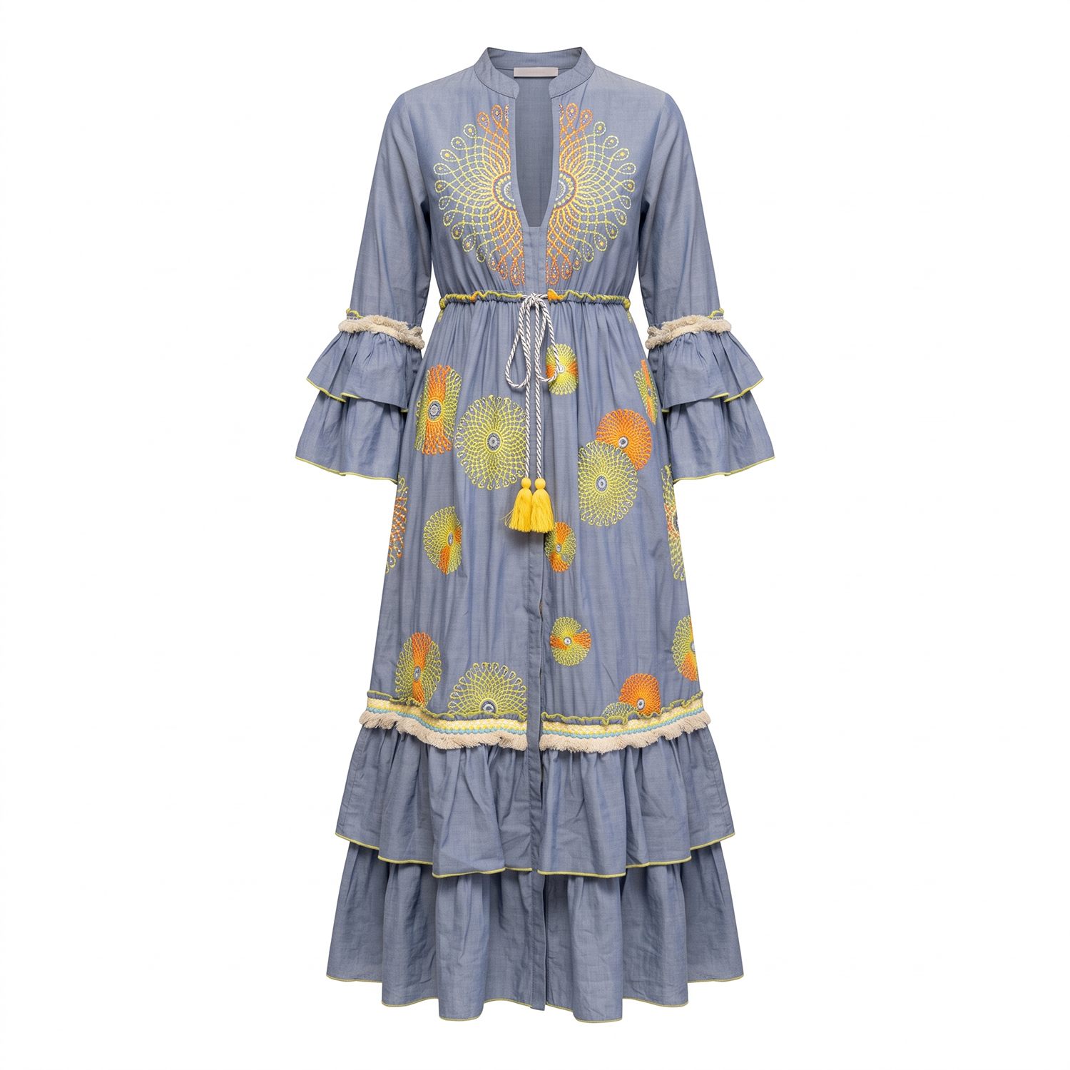Tantra Spain Sl Women's Blue Denim Maxi Dress With Neon Embroidery, Sequins, Adjustable Waist Denim
