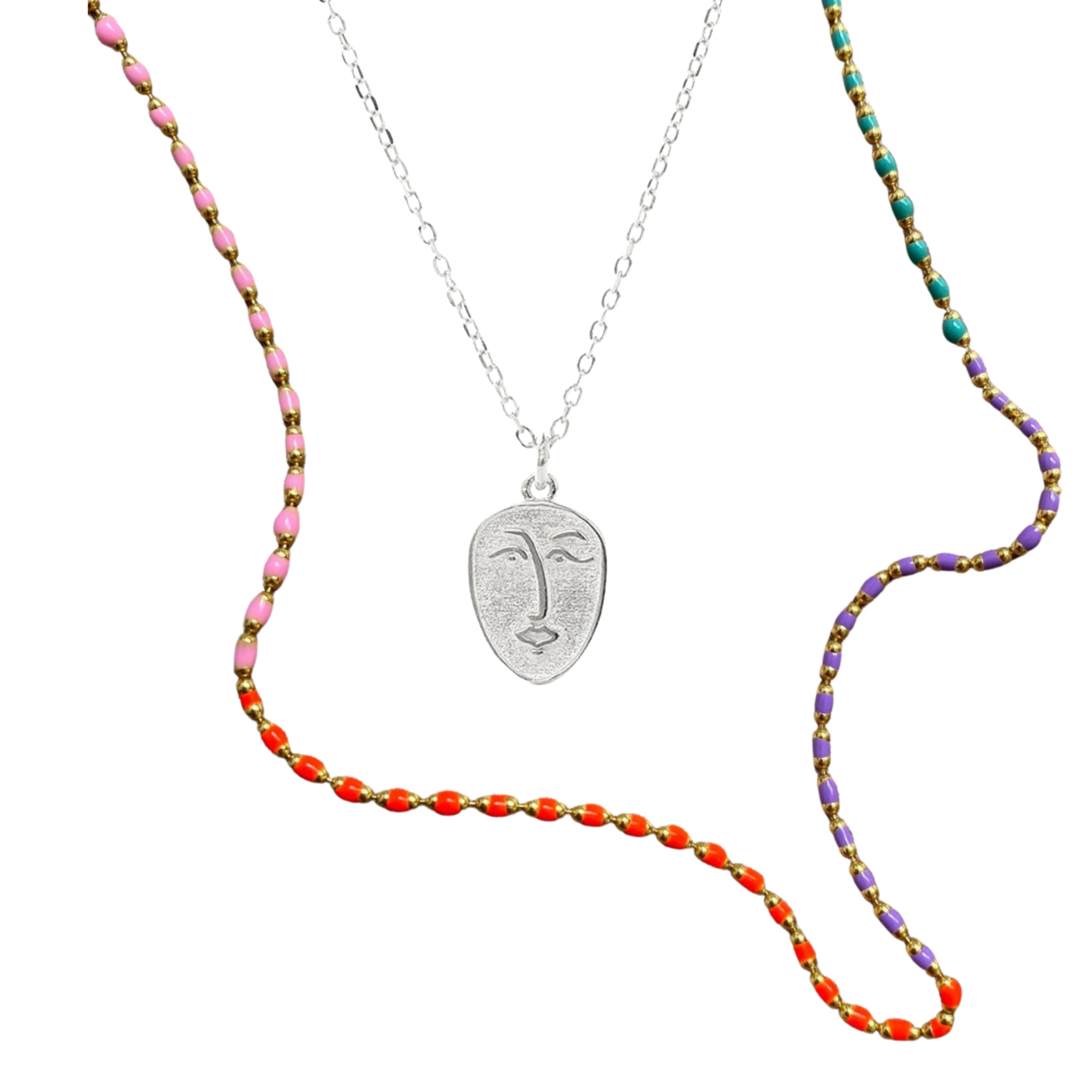 Women’s Abstract Face Monogram & Enamel Mine Sterling Silver Necklace Set - Silver Spero London