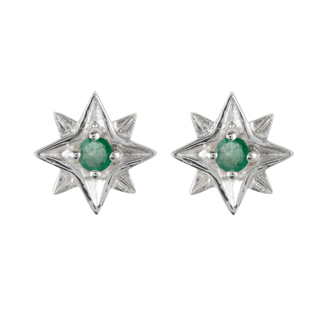 Women’s Guiding North Star Silver Stud Earrings - Emerald Charlotte’s Web Jewellery