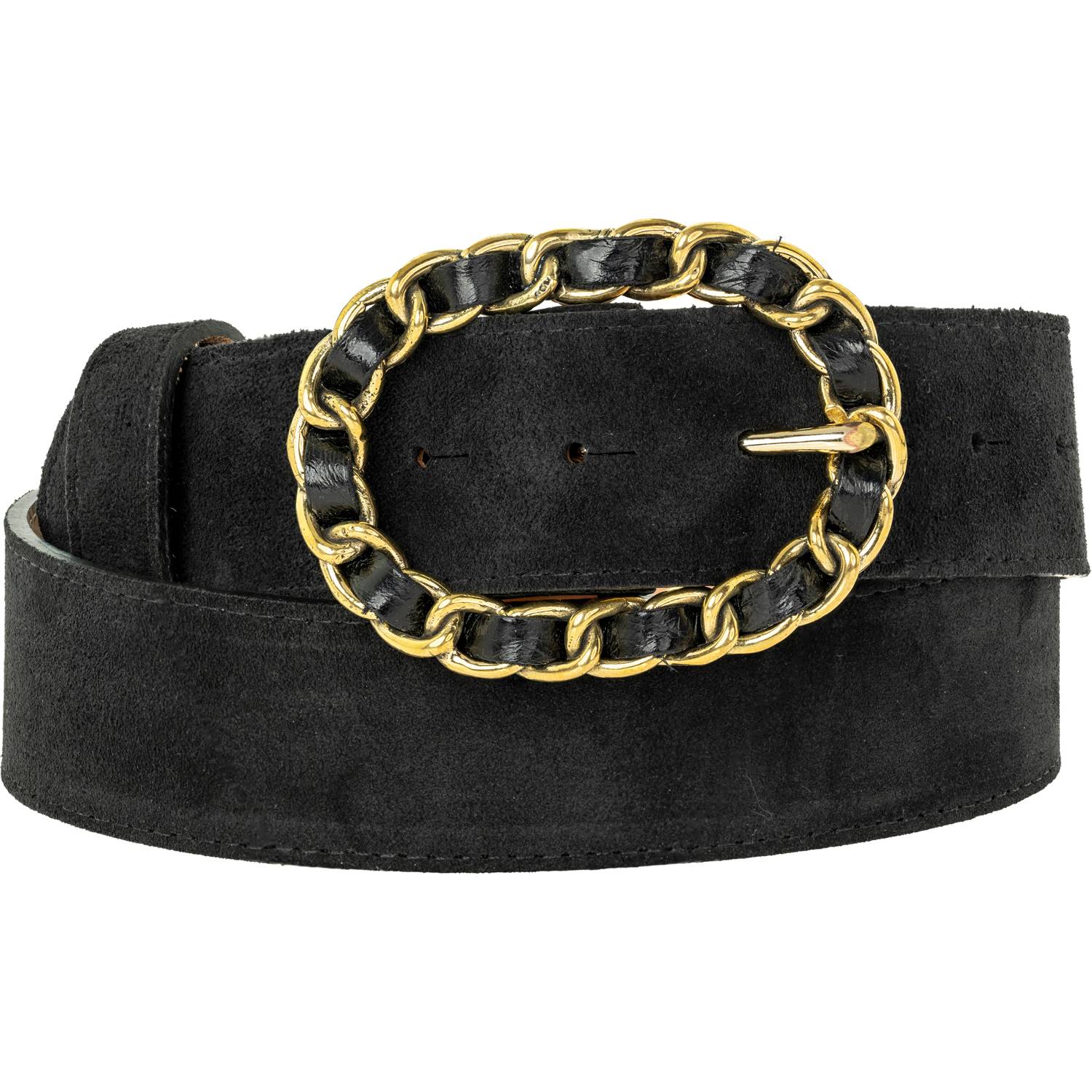 Peachy Belts Ltd Women's Black Suede Belt With Gold Coco Buckle With Black Leather In Black