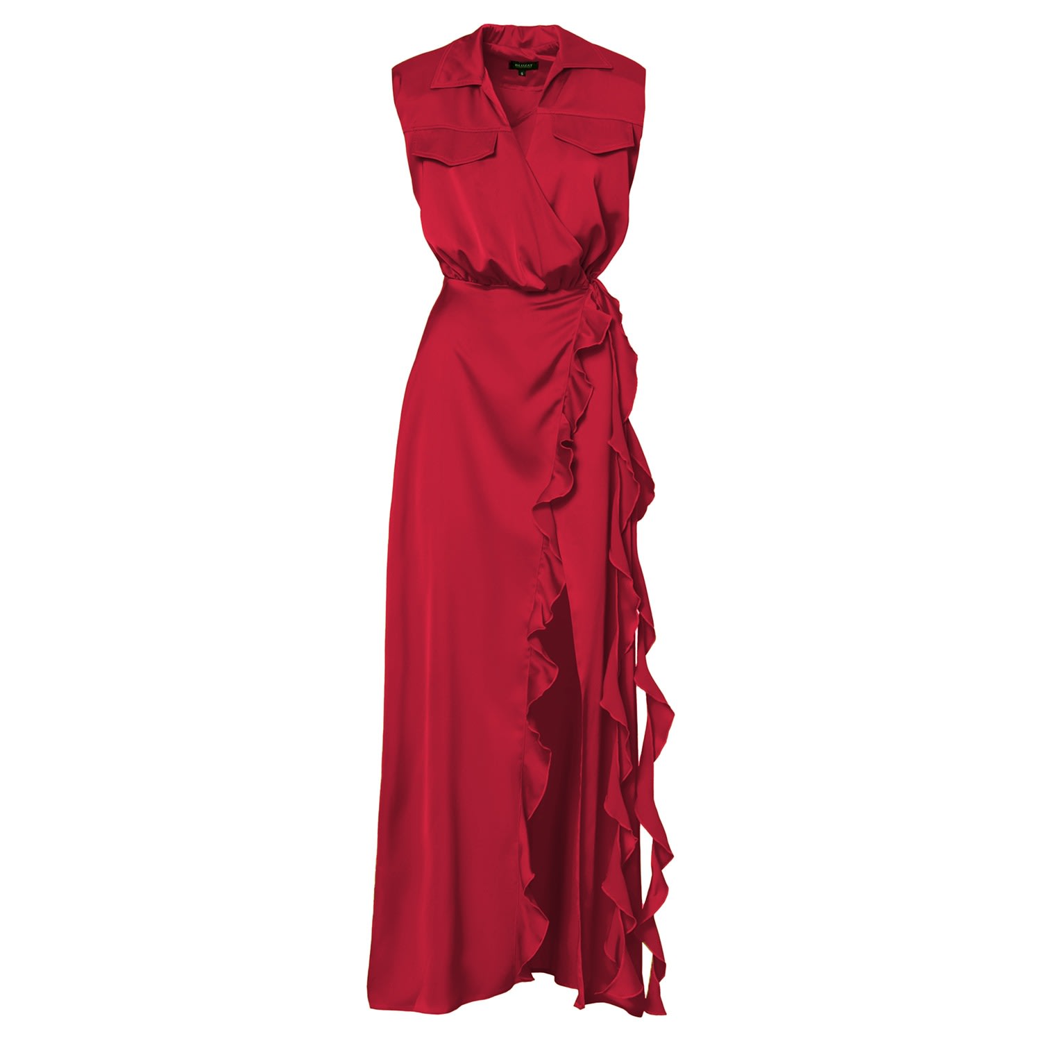 Bluzat Women's Red Maxi Dress With Oversized Shoulders And Ruffled Slit In Red