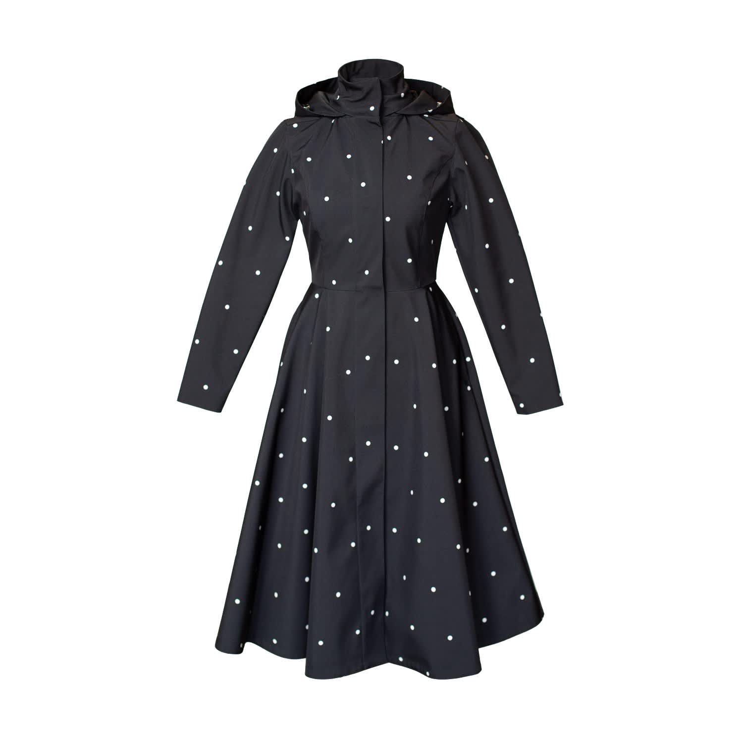 ワンピース CATHRI Dot Dress Coat Fitted & Flared Black Coat With Detachable Hood: Timeless Polka