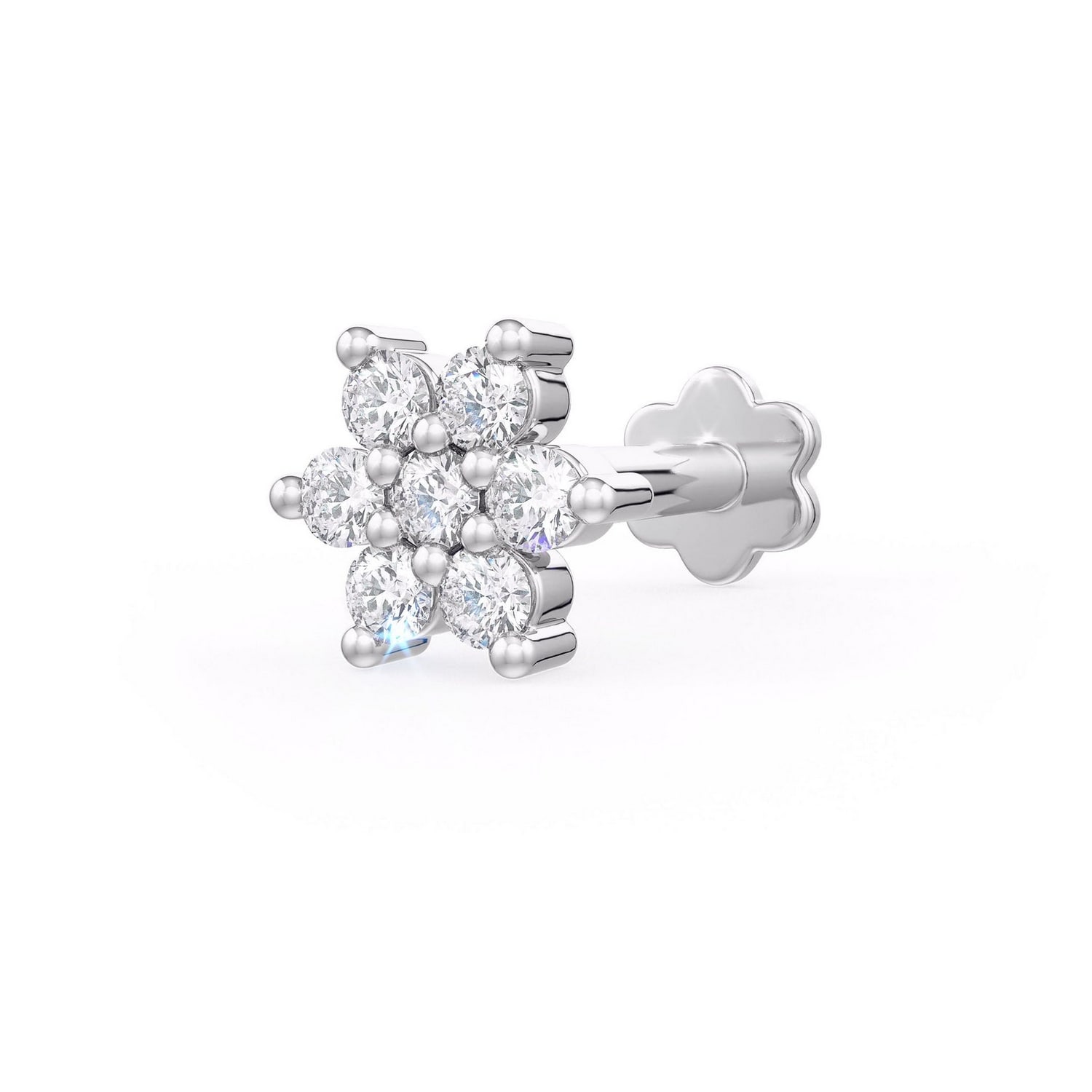 Cervin Blanc Women's Diamond Nose Pin Stud In White Gold Daisy Flower Screwback Flat Back Piercing In White
