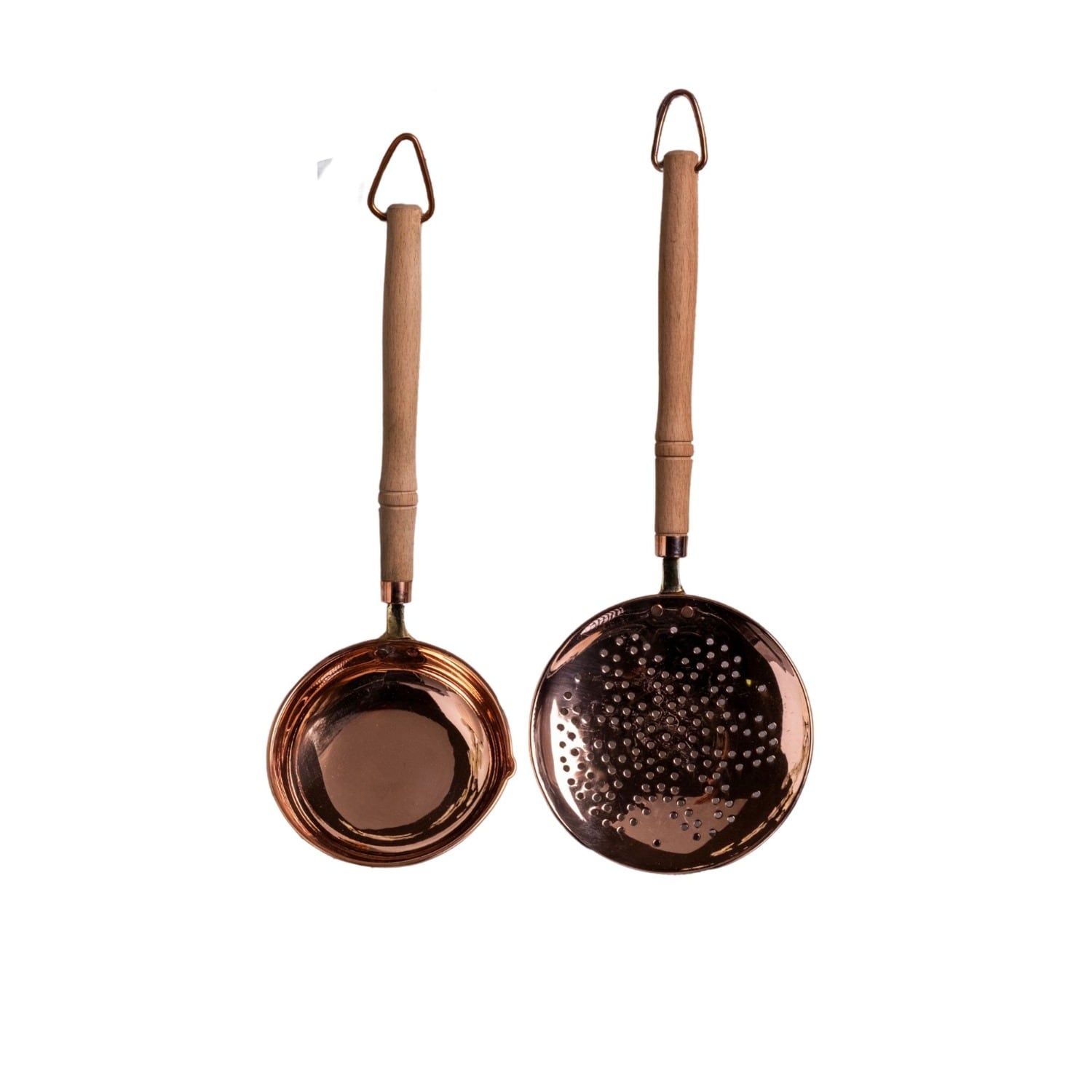 Anatoliacraft Brown Handmade Pure Copper Ladle & Skimmer Set With Wooden Handles