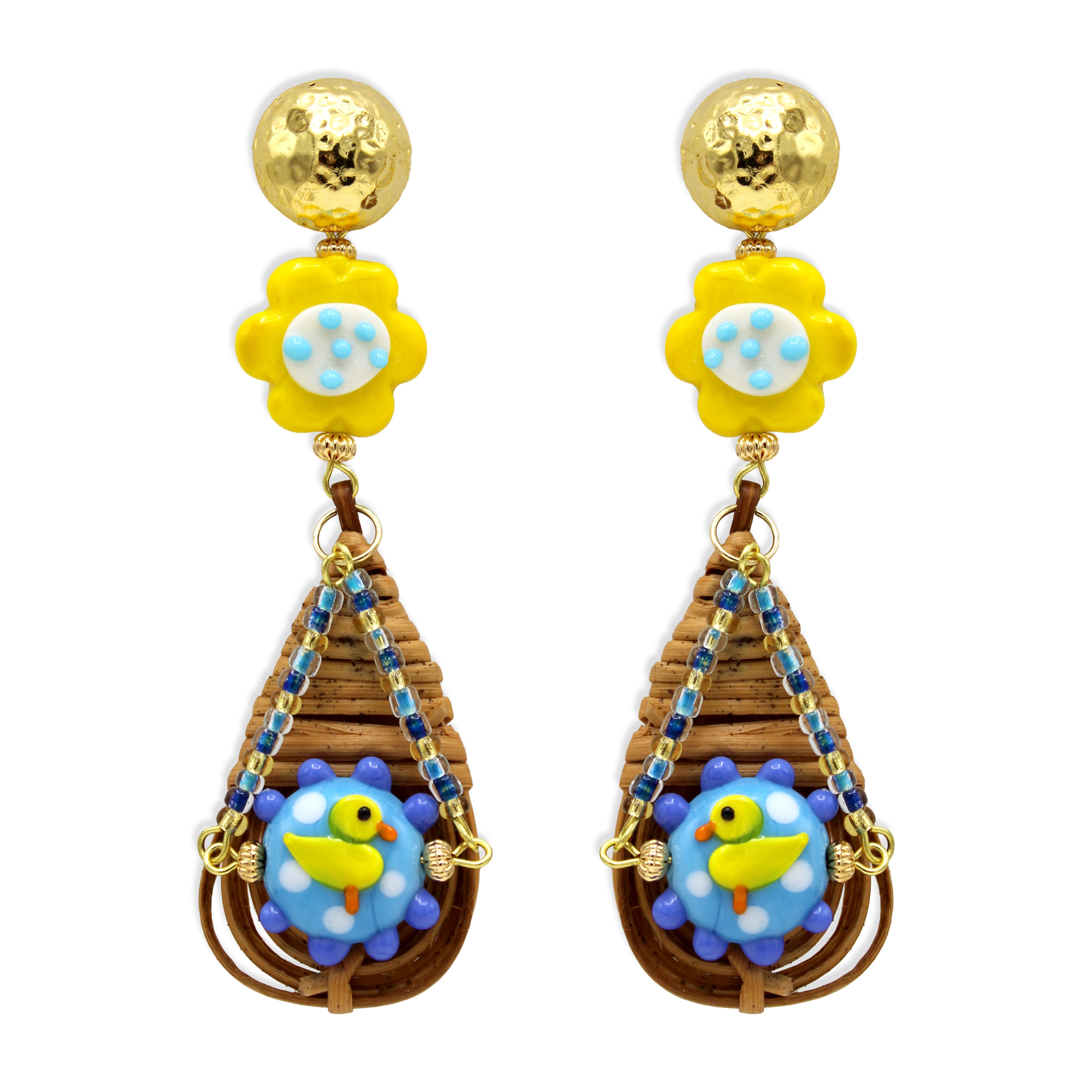 Midnight Foxes Studio Women's Blue / Yellow / Orange Nesting Ducks Earrings In Gold
