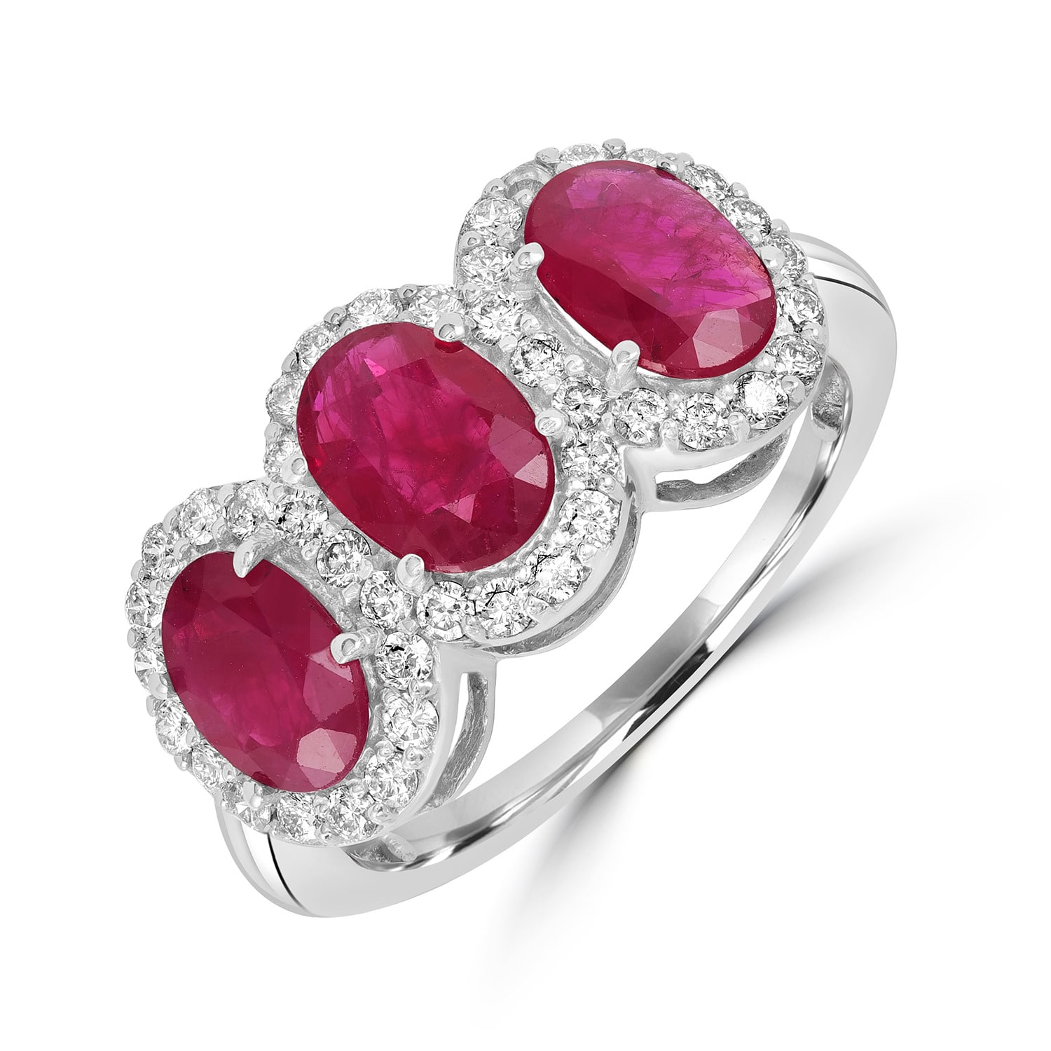 Artisan Women's White / Red Ruby Gemstone Pave Diamond Three Stone Ring In White Gold