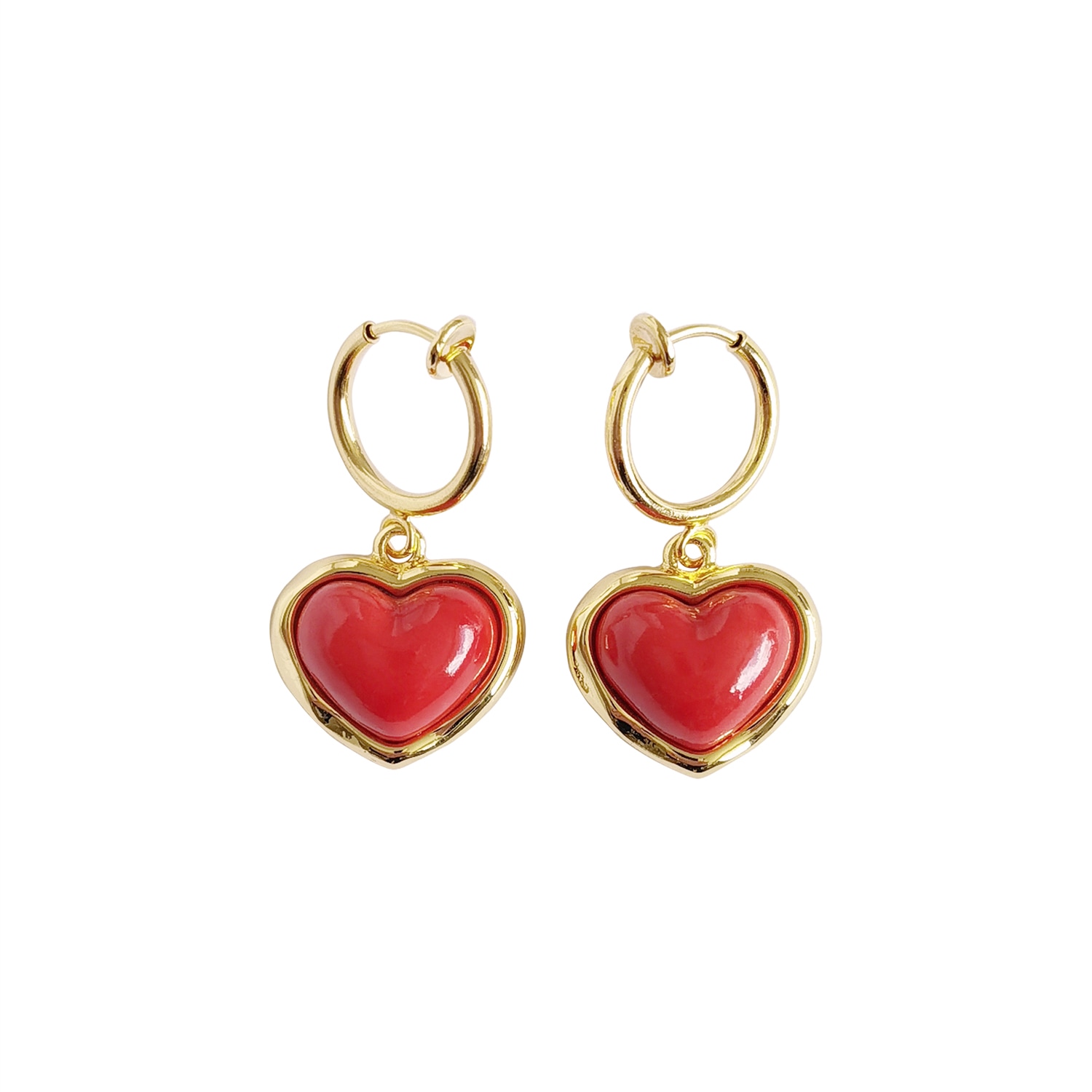 Poporcelain Women's Gold / Red Porcelain Red Heart Clip-on Hoop Earrings In Multi