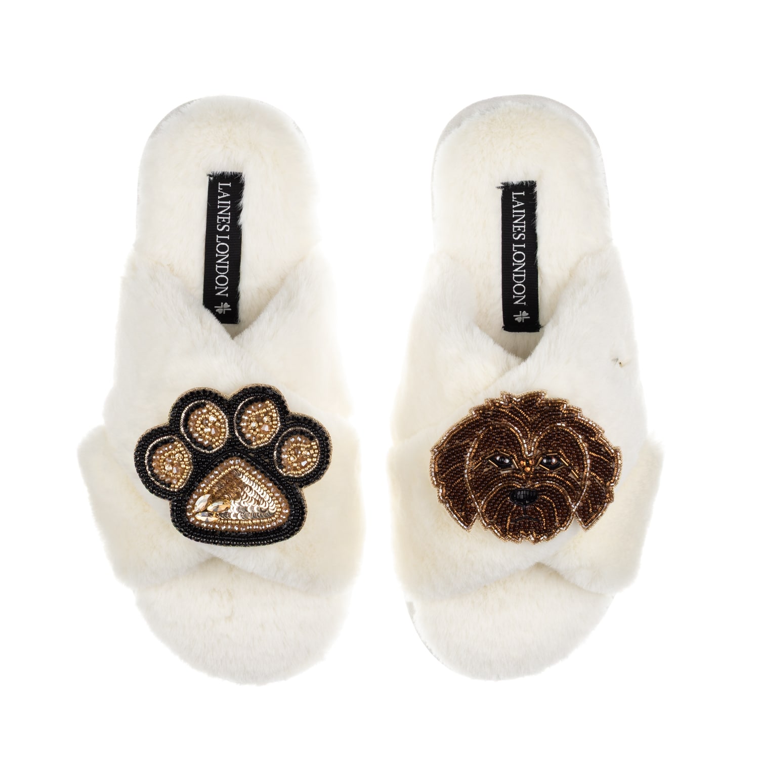 Laines London Women's Neutrals / White Classic Laines Slippers With Paw & Chocolate Cockapoo Brooches - Cream In White