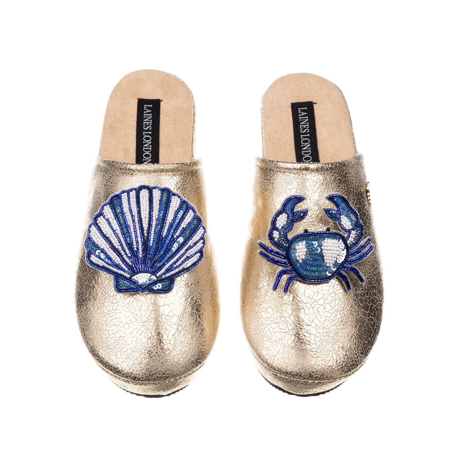 Laines London Women's  Gold Softie Slippers With Mediterranean Blue Shell & Crab Brooches In Gold