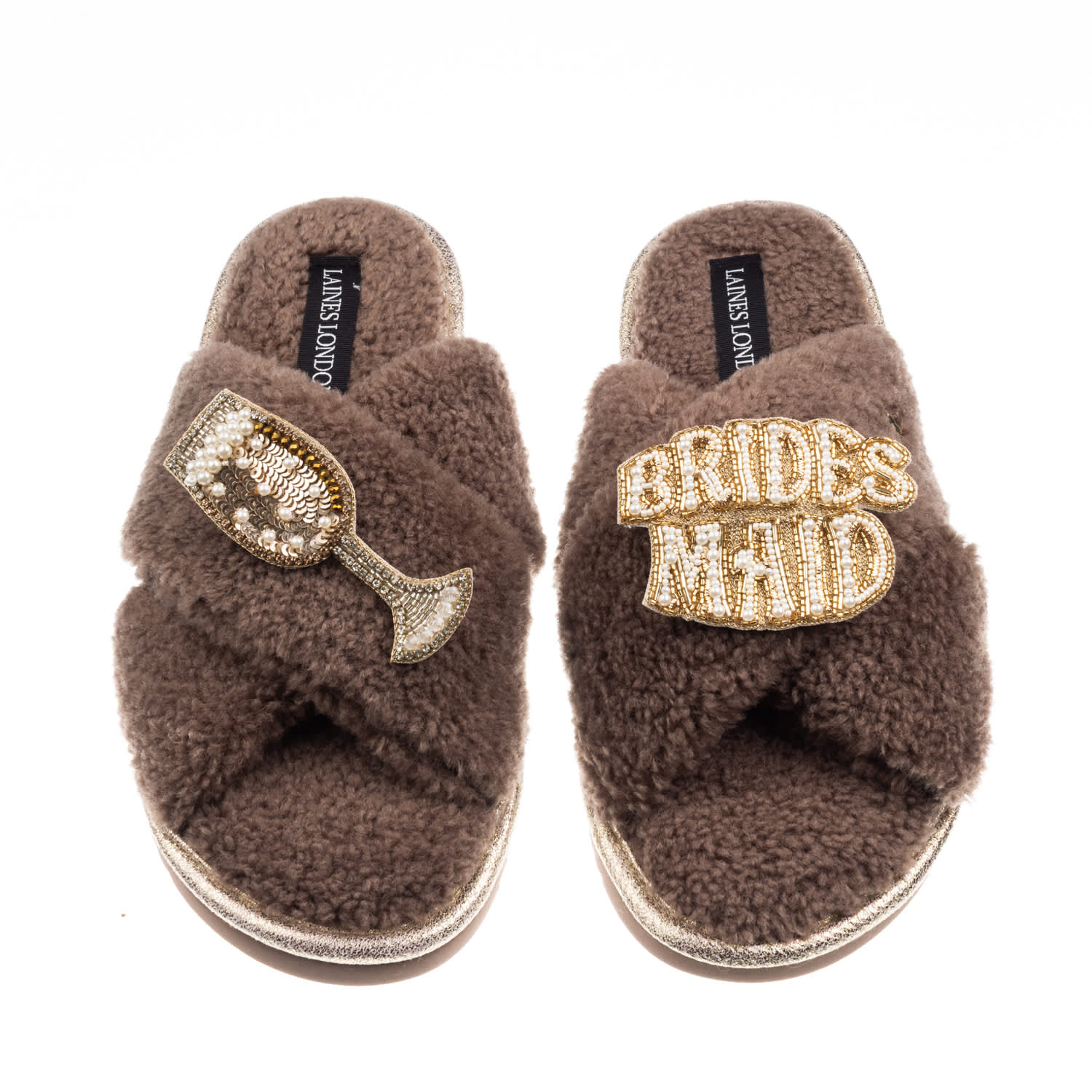 Laines London Women's Brown / Neutrals Laines Neutral Boucle Slippers With Bridesmaid Brooches - Mink In Brown