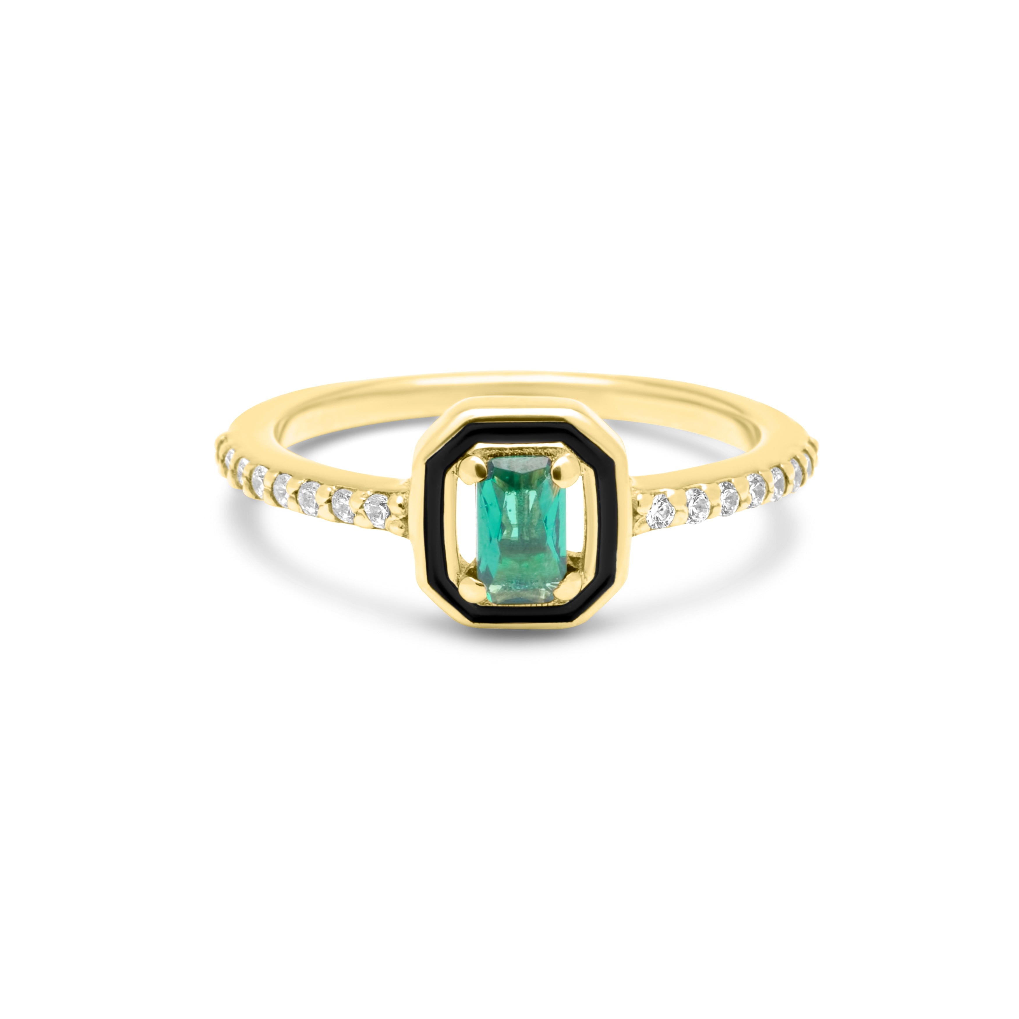 La Vie Jewelry Women's Emerald Cut With Emerald Stone & Black Enamel Ring - Gold Plated