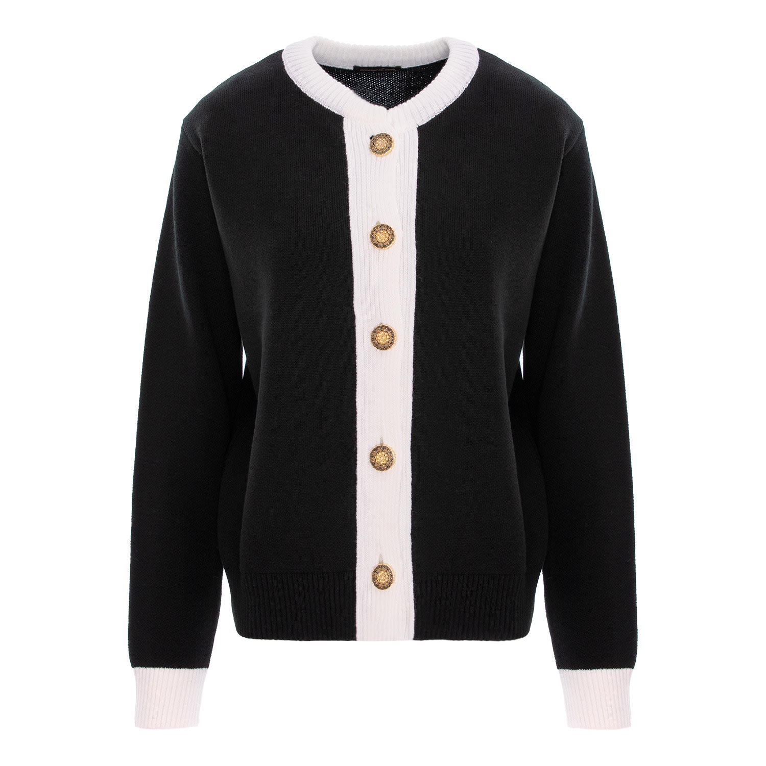 Concept A Trois Women's Black / White Knitted Cardigan - White Contrasting Collar And Cuffs In Black/white