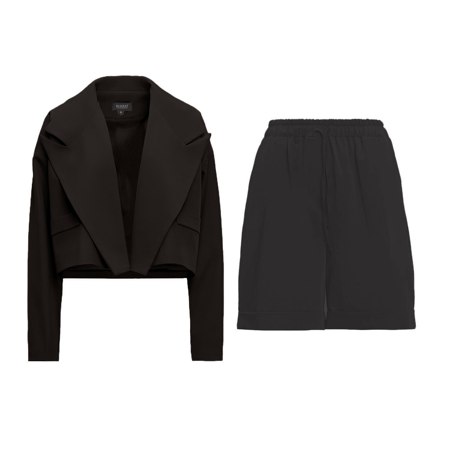 Bluzat Women's Black Suit With Cropped Blazer And Bemuda Shorts In Black