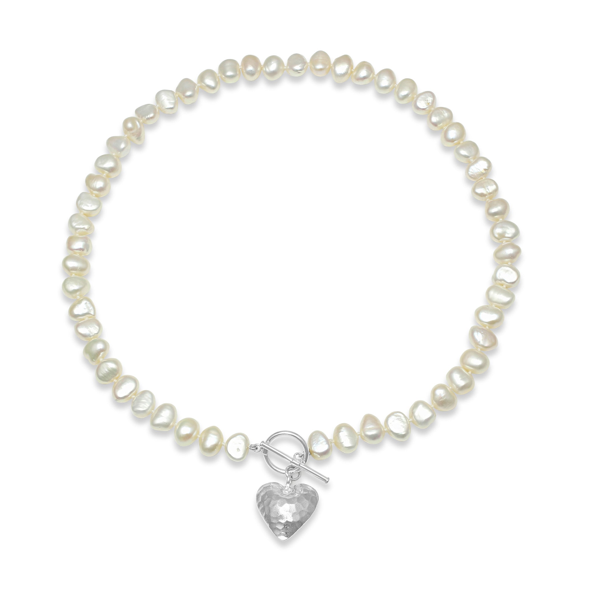 Women’s White / Silver Amare Single Strand White Irregular Cultured Freshwater Pearl Necklace With Silver Hammered Heart Pearls of the Orient Online