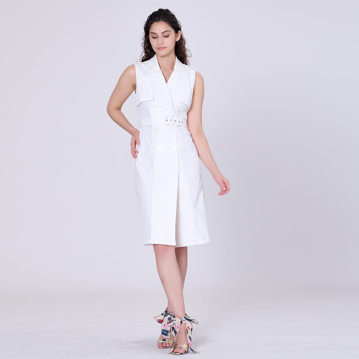 white dress with belt Work Business Long Sleeve Slit Deep V Belted Midi Dress-chiclody, White  US2 Please allow 0.4 Sleeveless Double Belt Detail Tailored