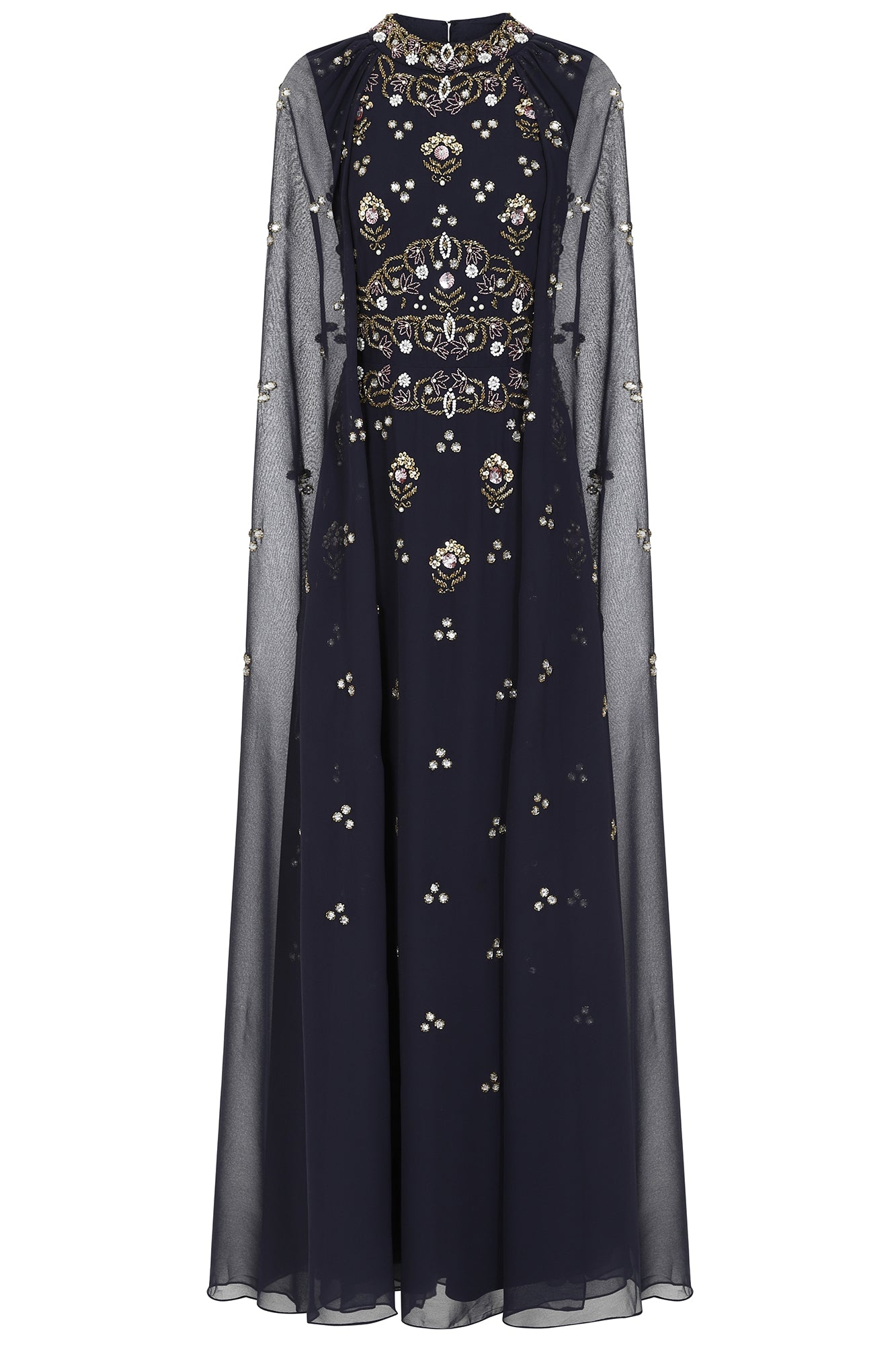 Frock And Frill Women's Blue Zarna Embellished Maxi Dress With Cape Sleeves - Navy In Blue