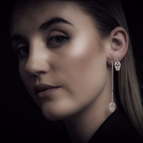 Cartergore Silver Sugar Skull With Heart Eyes Single Short Drop Earring In Drop