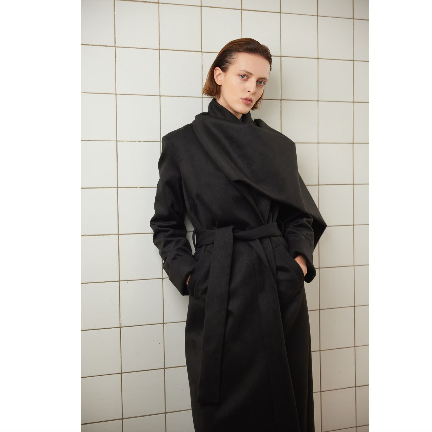 Long Wrap Coat With Drape Collar Black | Julia Allert | Wolf & Badger
