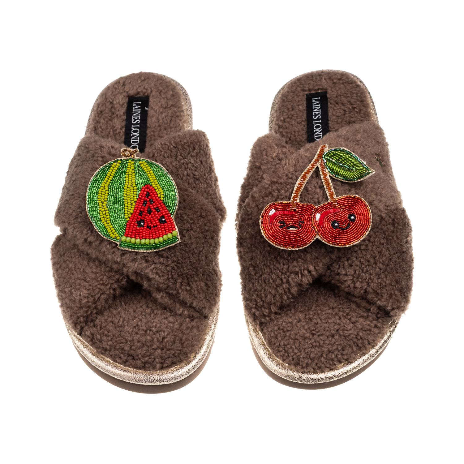 Laines London Women's Brown / Neutrals Laines Boucle Slippers With Laines Loveables Watermelon & Cherry Brooches -