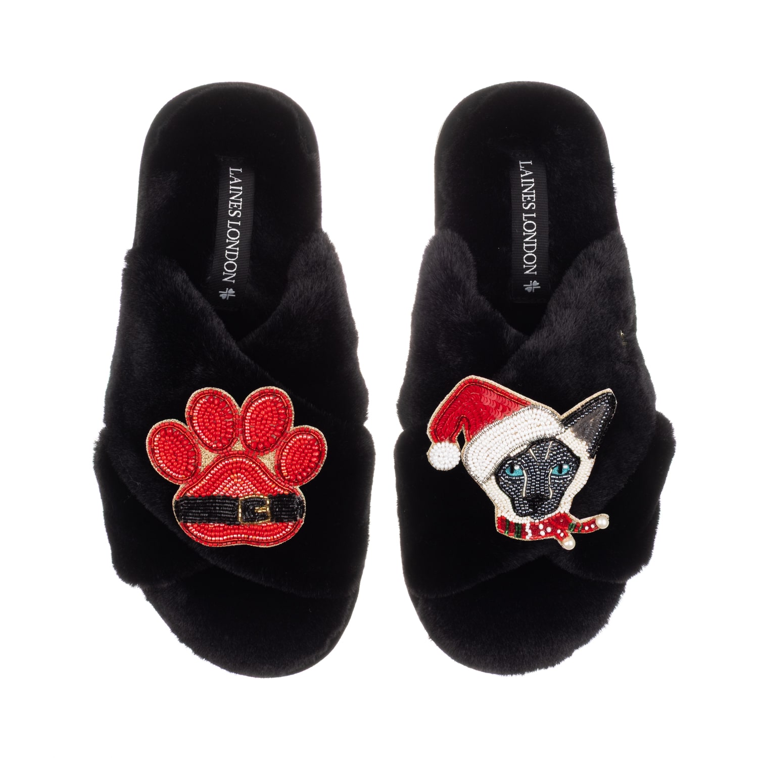 Laines London Women's Classic Slippers With Christmas Black & White Siamese Cat & Paw Brooches - Black In Animal Print