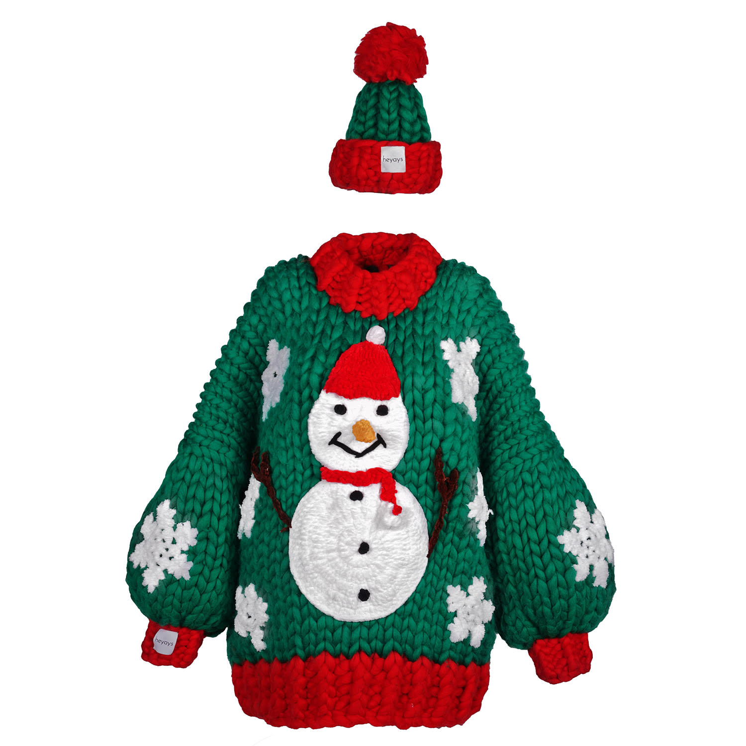 Heyays Women's Green Snowman Hand-knitted Sweater With Chunky Beanie In Green