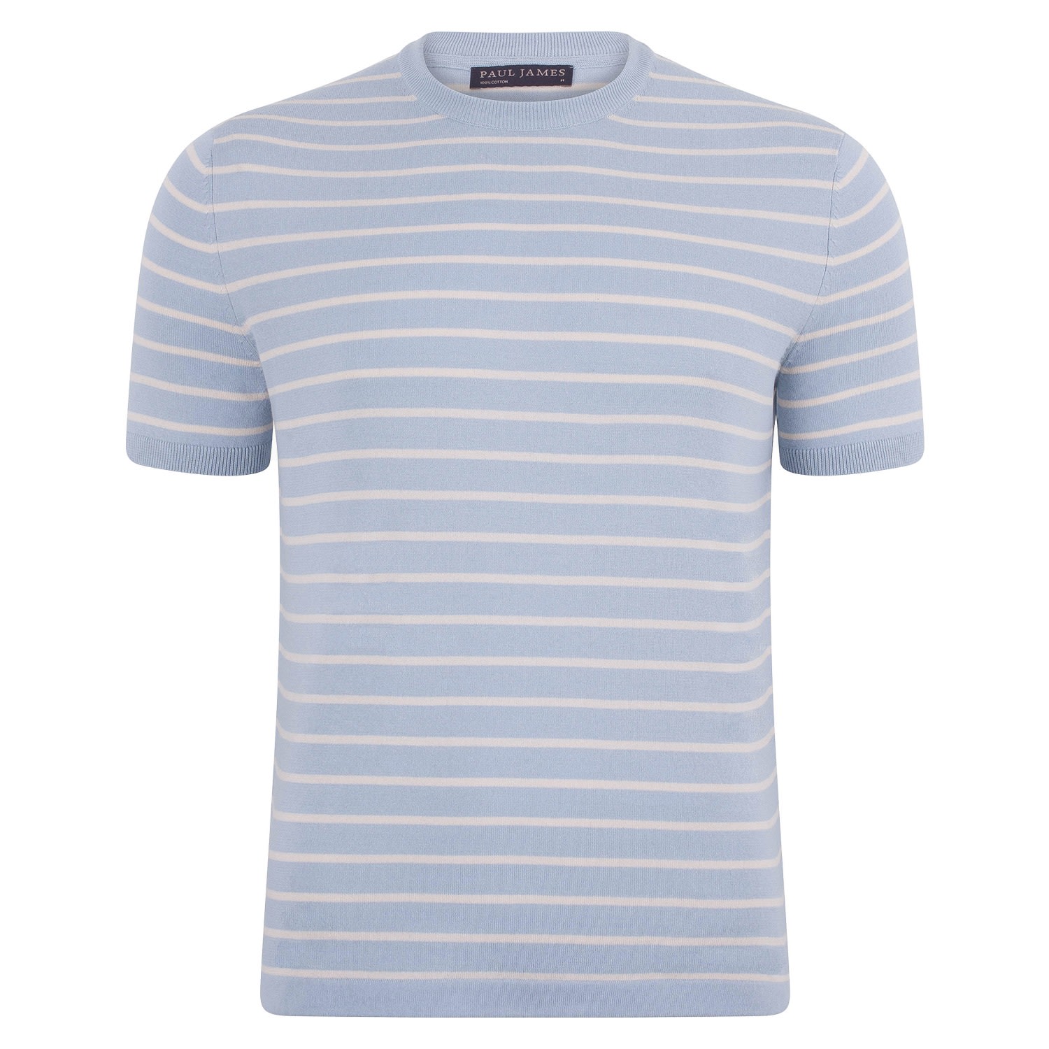 Mens Ultra-Fine Cotton Javier Knitted Pin Stripe T-Shirt - Chalk Blue Extra Large Paul James Knitwear