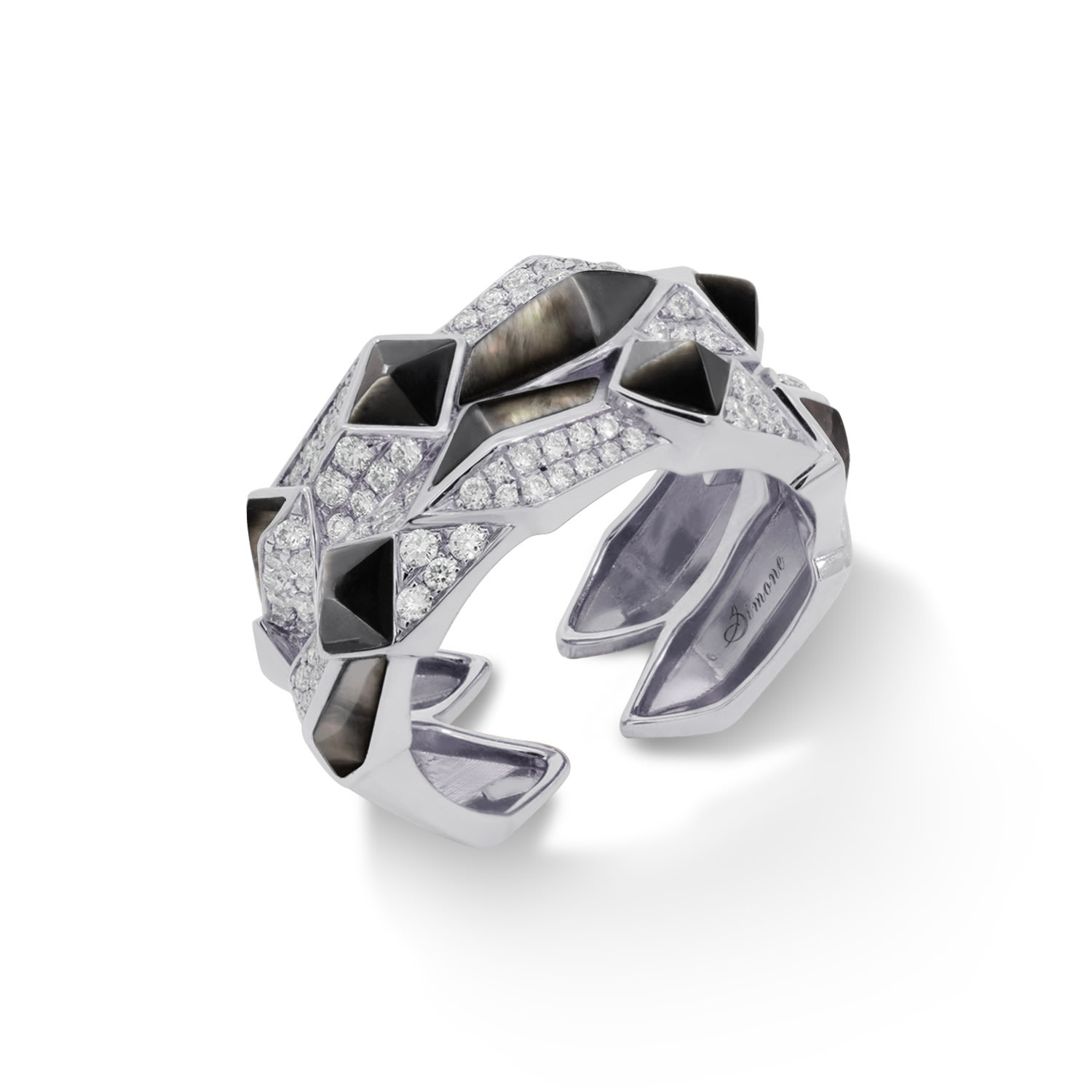 Women’s Black / White / Silver Edgy Double Unisex Ring In Solid White Gold, Diamonds, And Black Mother-Of-Pearl Simone Jewels