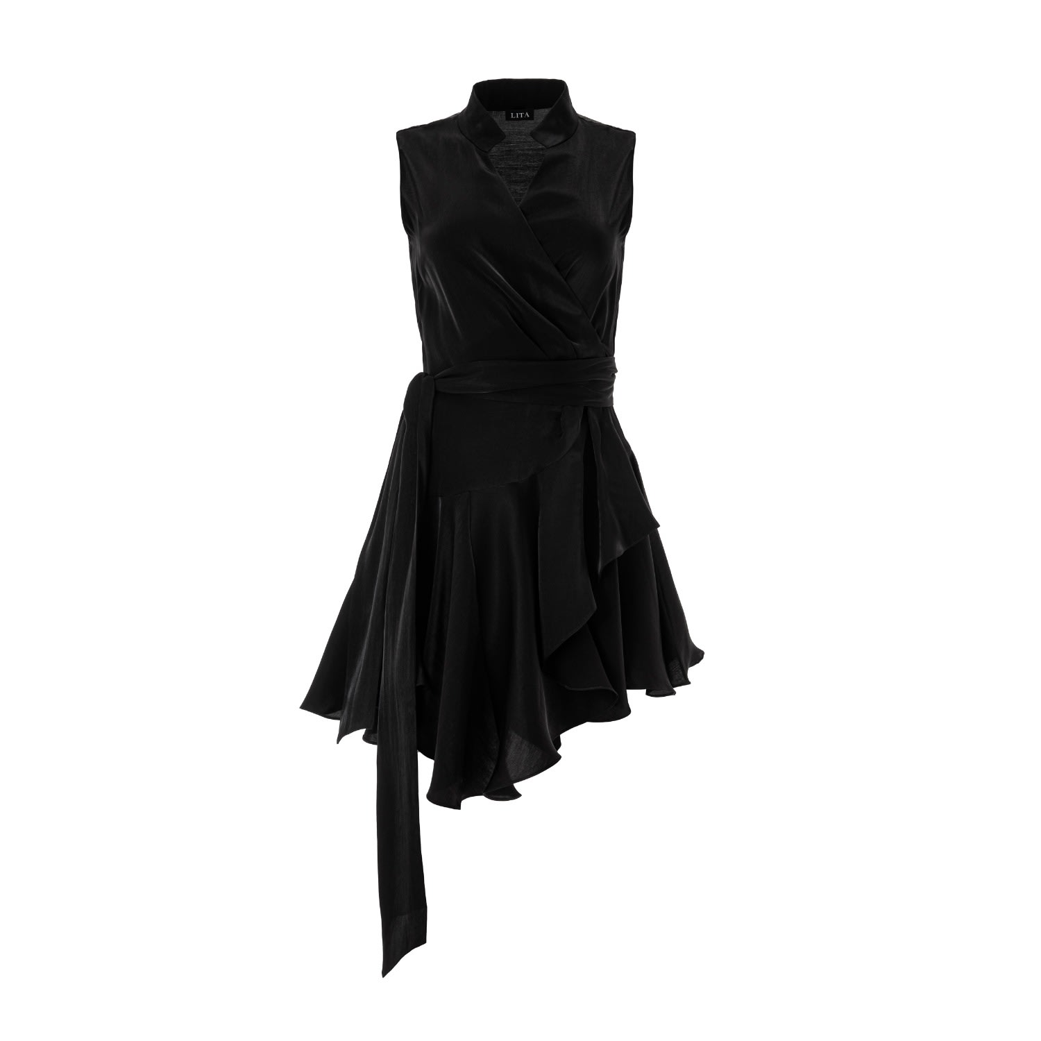 Women’s Black Ruffle Trimmed Asymmetric Silk Dress Medium Lita Couture