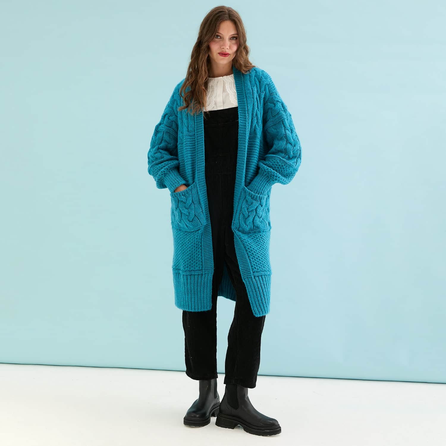 Alex Balloon Sleeve Cable Maxi Cardigan - Teal | Cara & The Sky