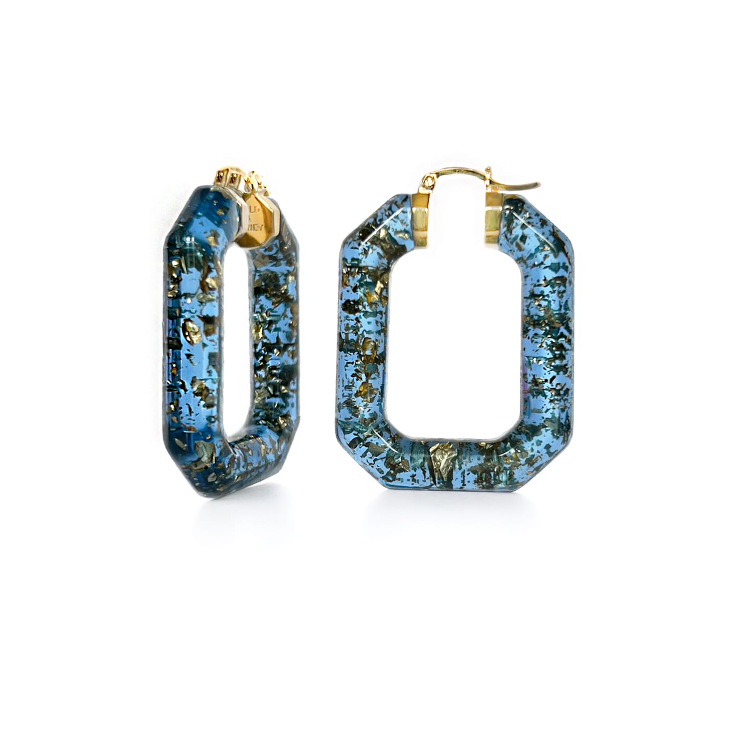 Gold & Honey Women's Blue / Gold Emerald Gemstone Lucite Hoop Earrings In Blue With Gold Leaf