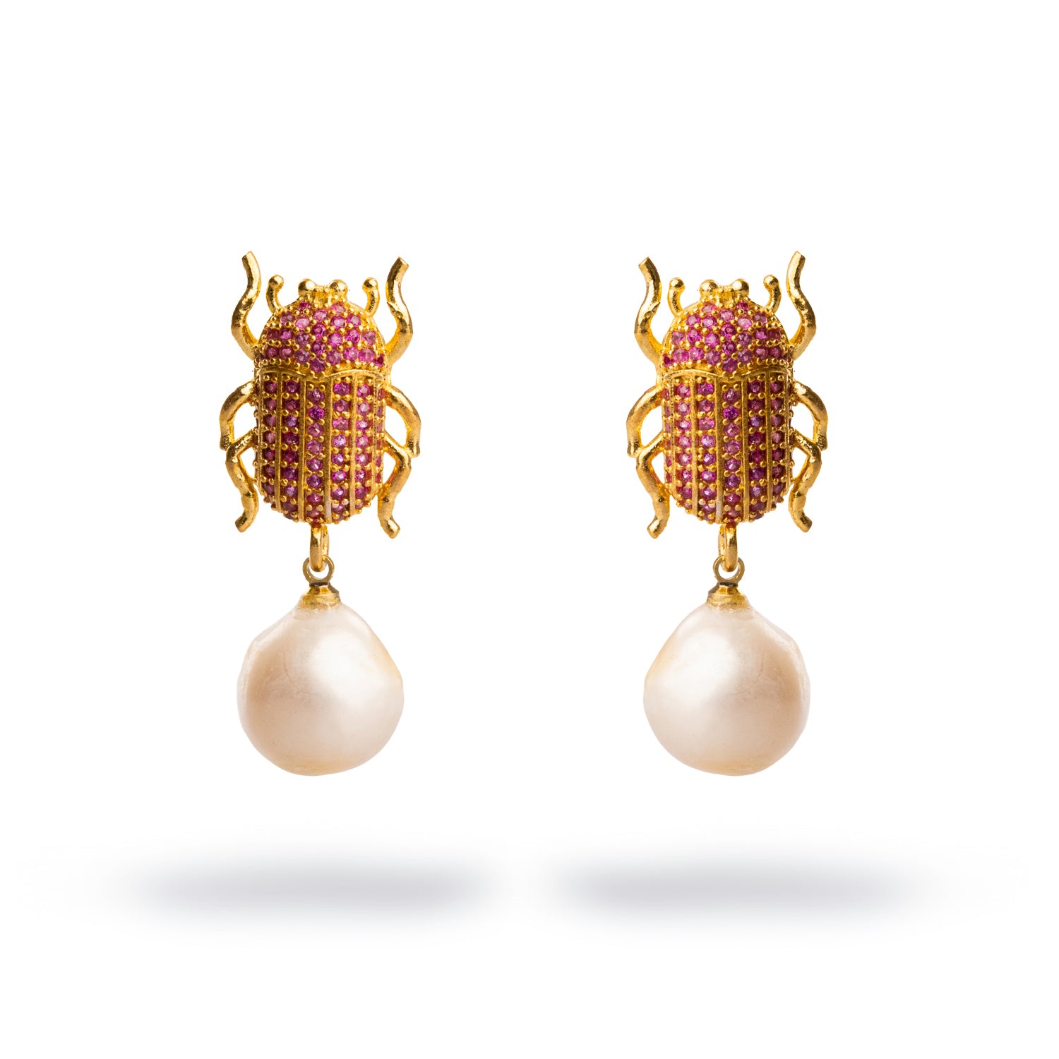 Ebru Jewelry Women's Gold / Pink / Purple Egyptian Scarab Ruby & Pearl Dangle Mystic Earrings - Pink In Brown