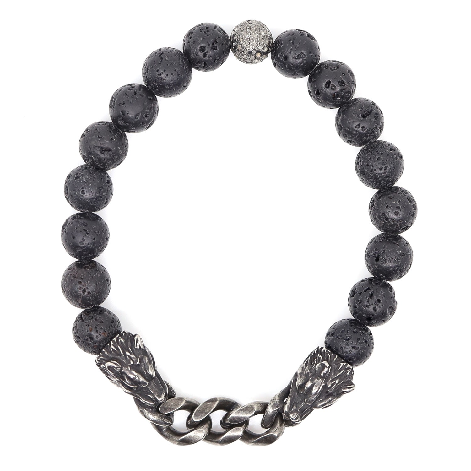 Shar Oke Men's Black / Silver Stainless Steel Panther & Black Natural Lava Beaded Bracelet In Multi