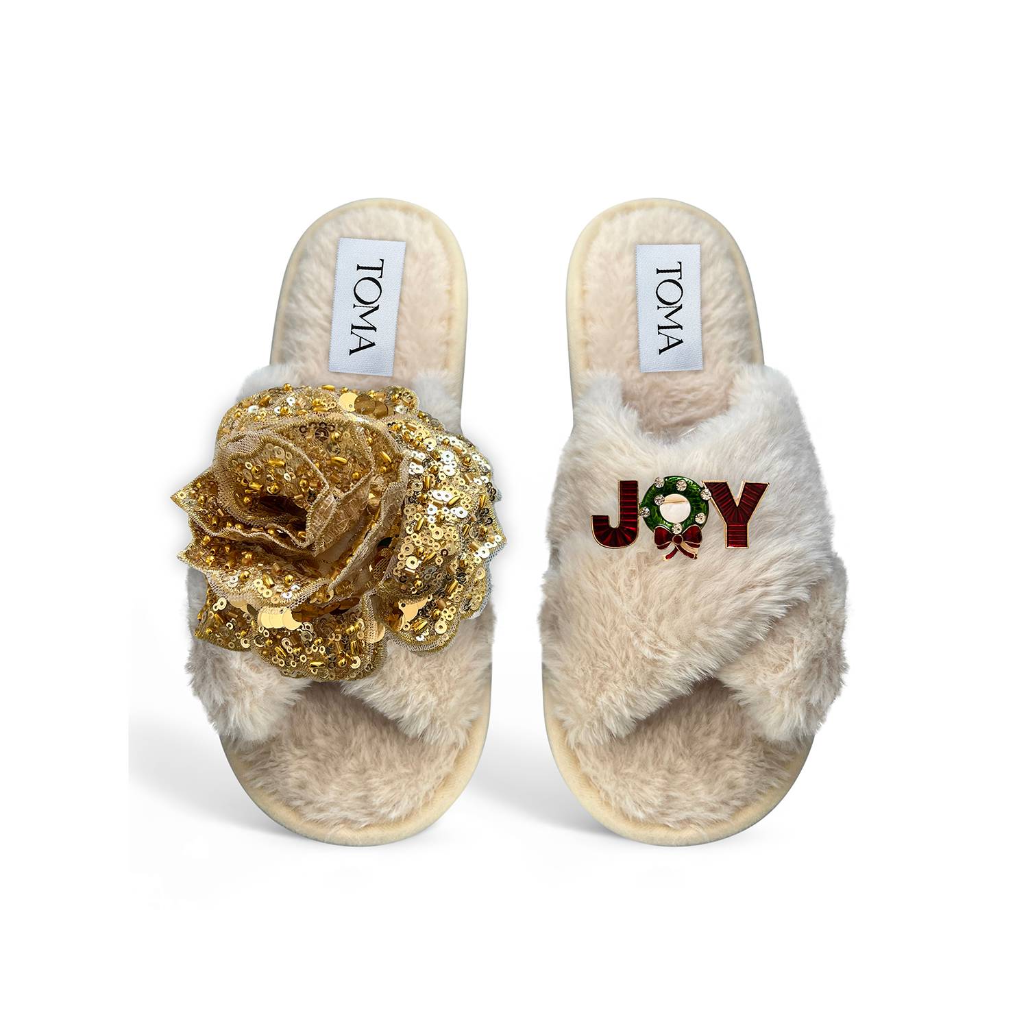 Toma Women's Neutrals Classic  Open Toe Gold Sequin Flower Joy Beige Slippers In Neutral