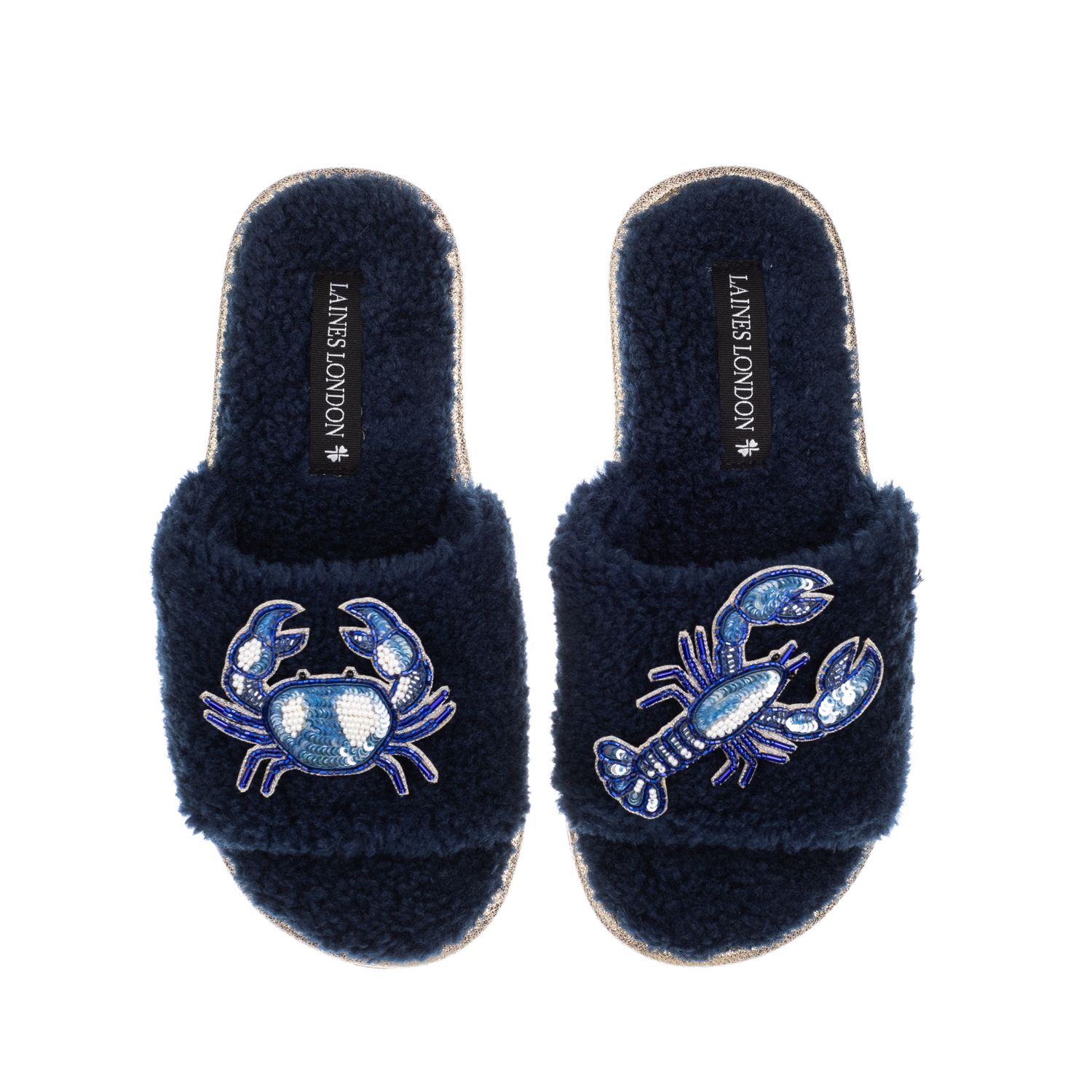 Laines London Women's Teddy Toweling Slipper Slider With Mediterranean Blue Crab & Lobster Brooches - Navy In Blue
