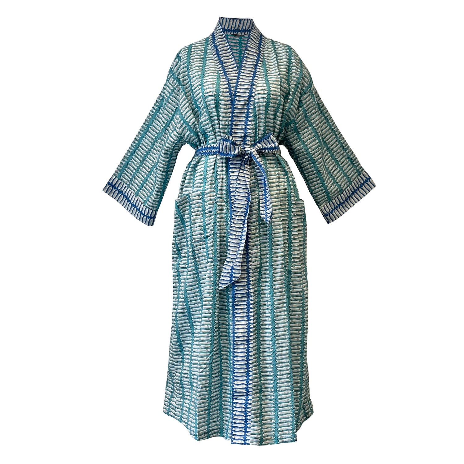 Lime Tree Design Women's Turquoise And Blue Fish Cotton Full Length Kimono In Blue