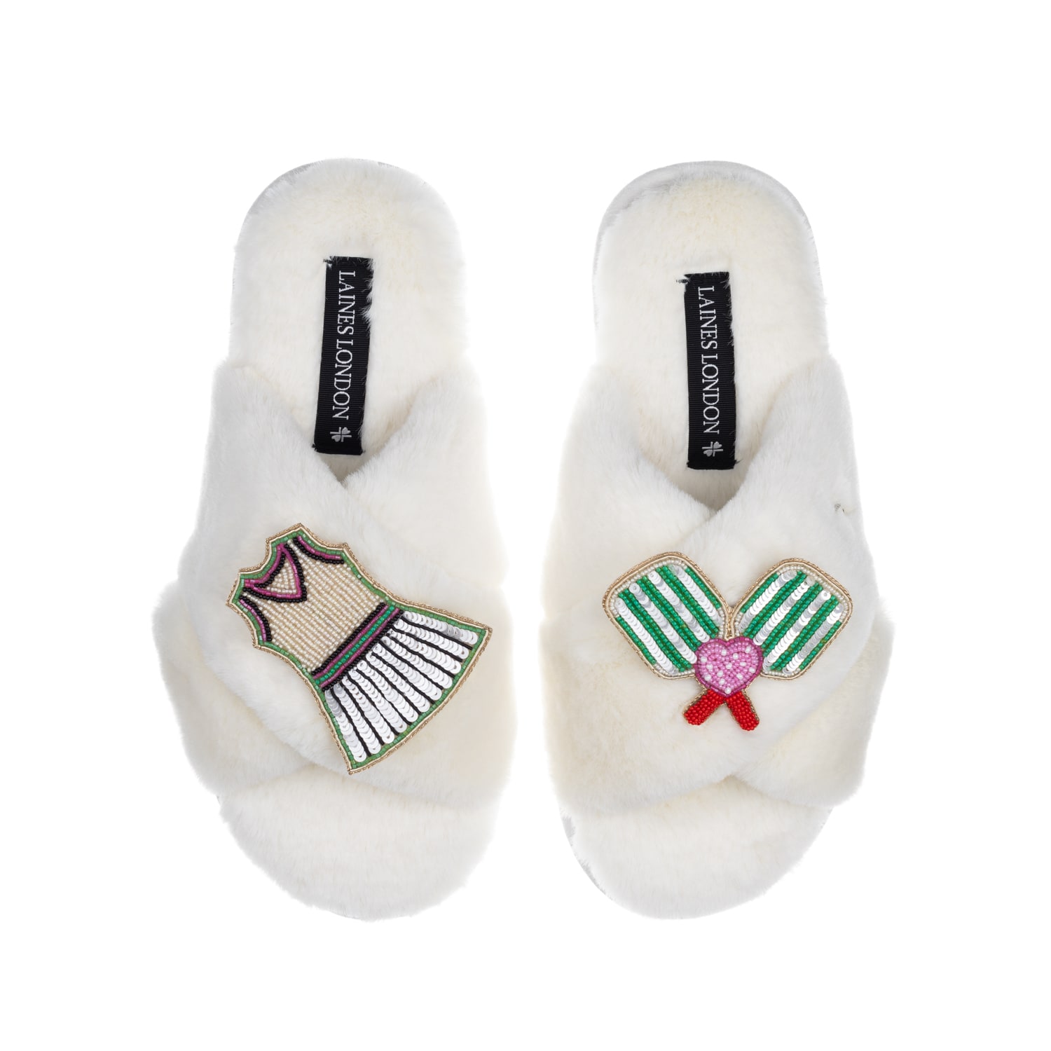 LAINES LONDON WOMEN'S WHITE CLASSIC LAINES SLIPPERS WITH PICKLE BALL BROOCHES - CREAM
