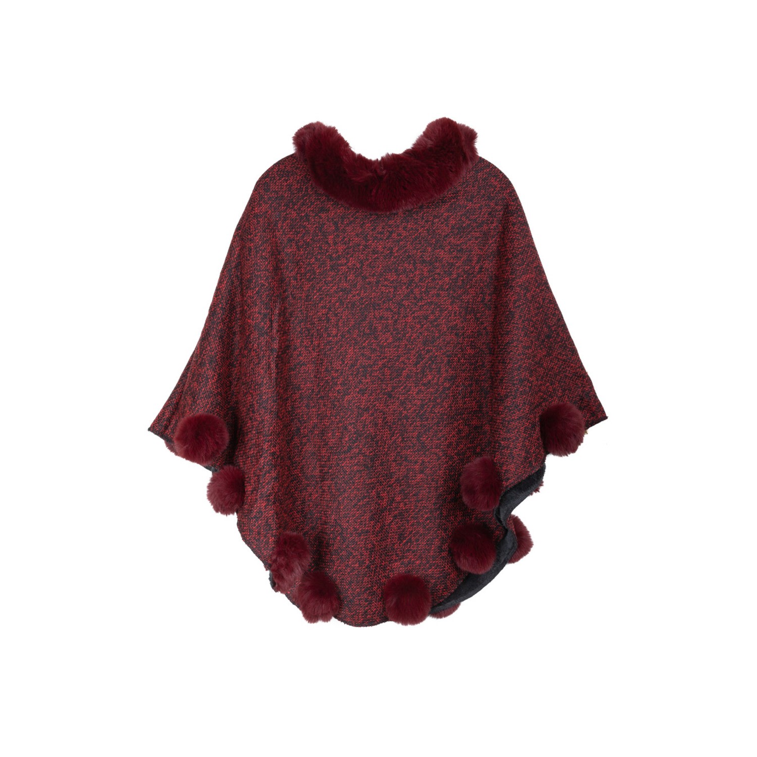 Women's Red Faux Fur Maroon Poncho Pom Pom | One Size | Saachi