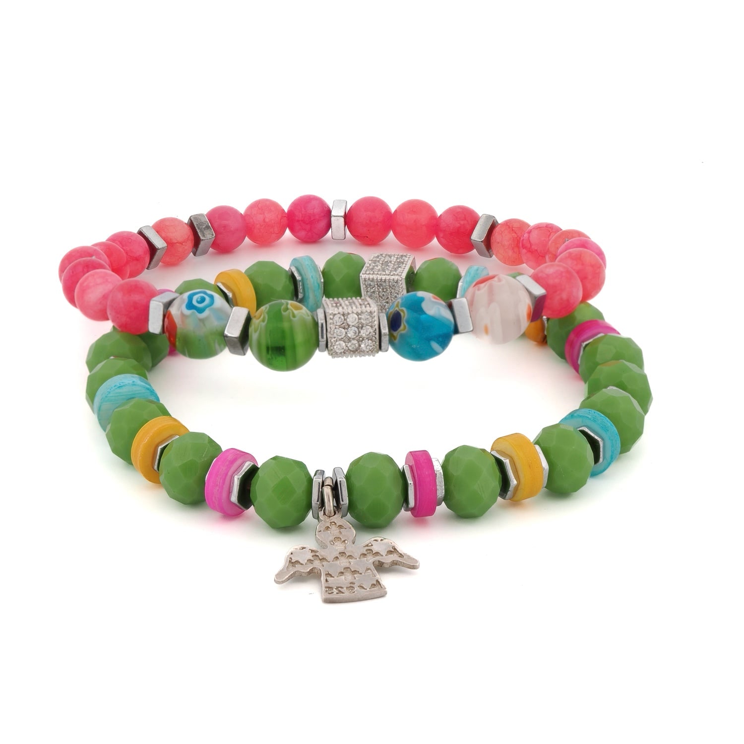 Ebru Jewelry Women's Green / Pink / Purple Spring Vibes Angel Charm Colorful Protection Bracelet Set - Multicolor