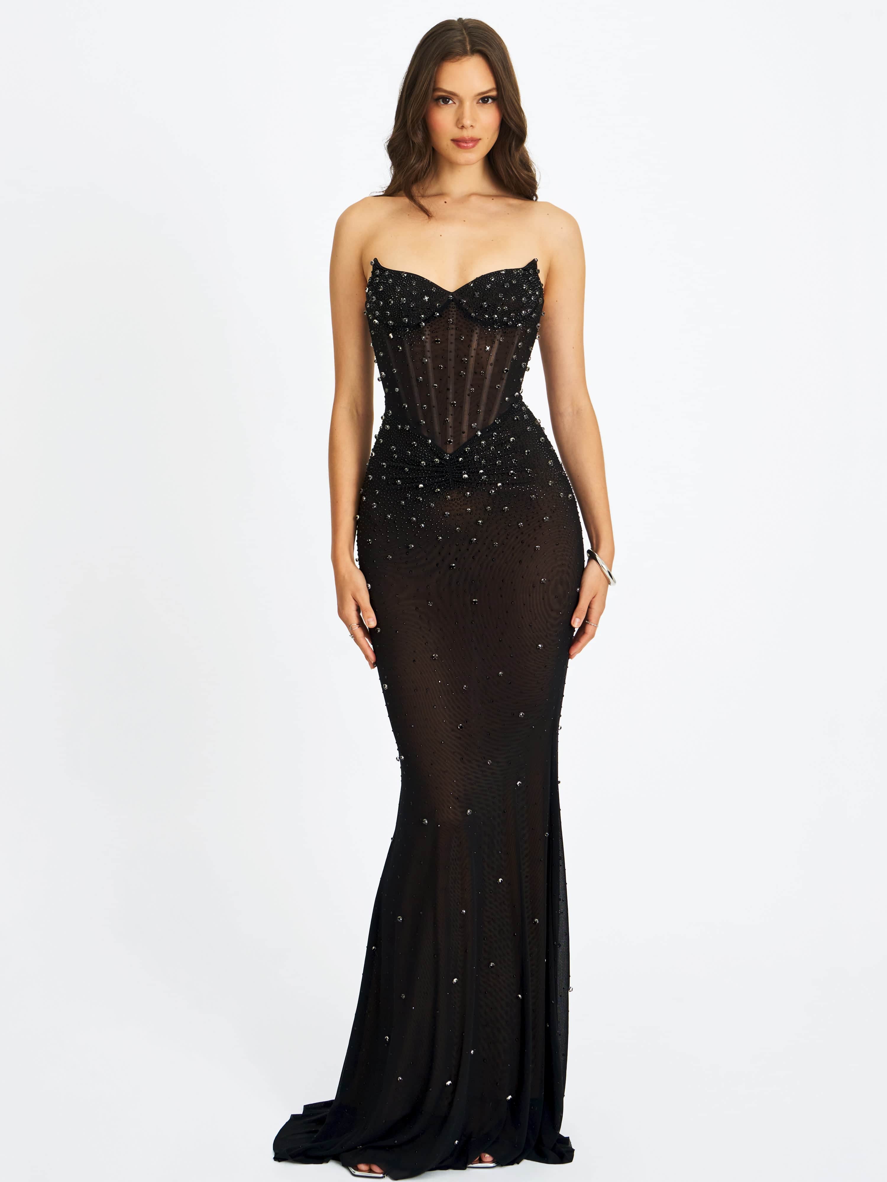 fatima nude crystal sleeveless corset mermaid maxi dress Fatima Black Crystal Sleeveless Corset Mermaid Maxi Dress | Miss Circle New  York