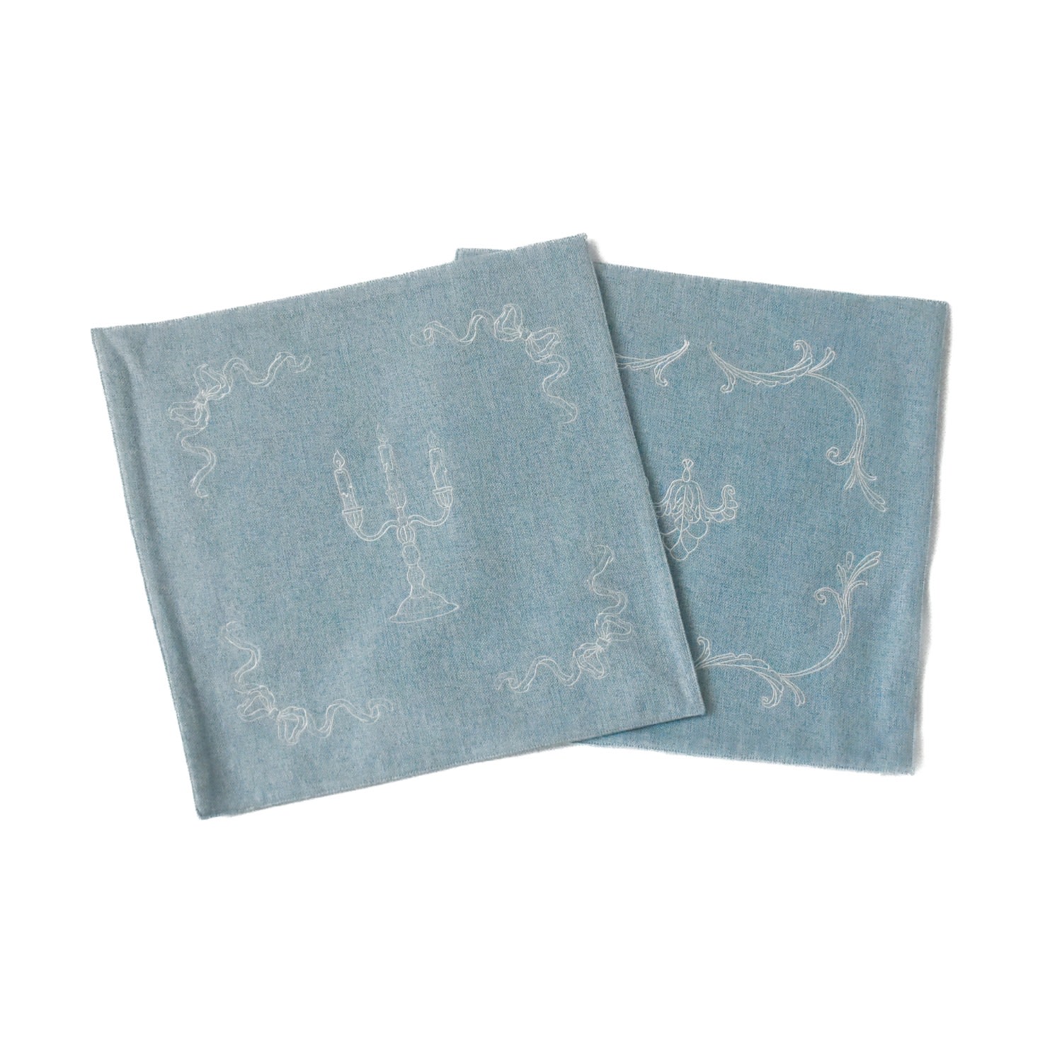 H2 Studio Blue / White Elegant Vintage-inspired Embroidered Tea Towel Set Candelabra & Bow & Vine Design Two P In Blue/white