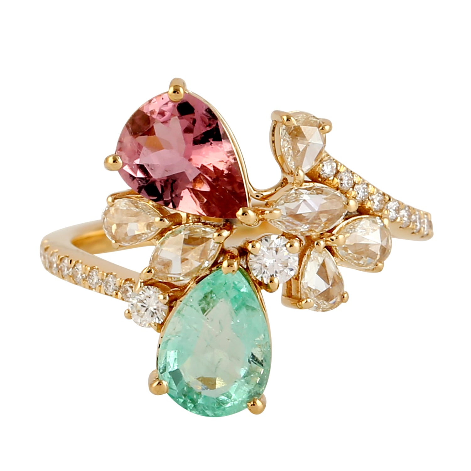 Women’s Rose Cut Diamond Pear Shape Emerald Tourmaline Cocktail Rings Artisan