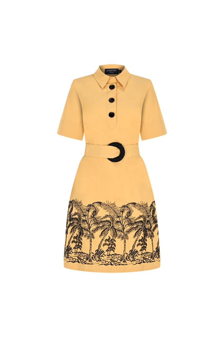 Exquise Regular Printed Hem Belted Cotton Dress - Brown