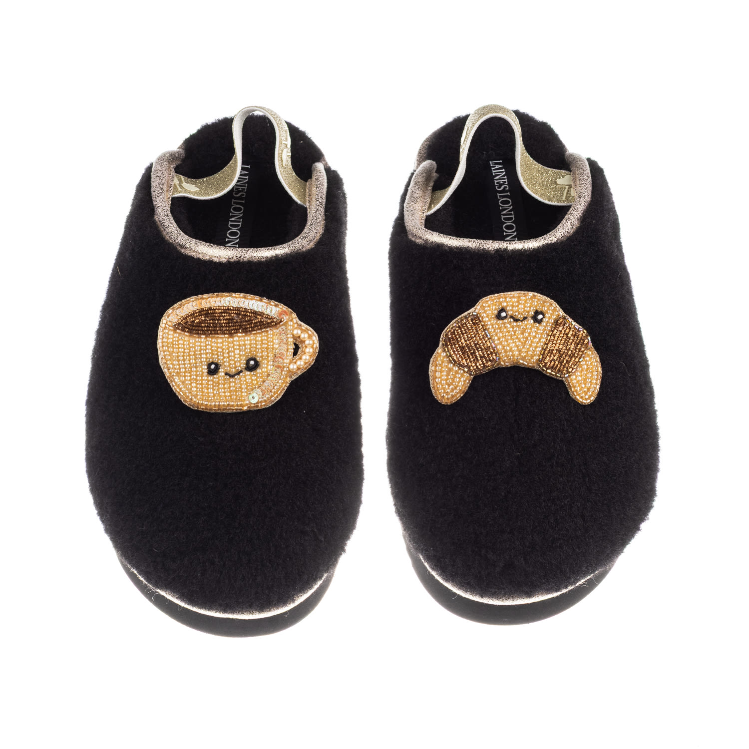 Laines London Women's Black / Gold Flatform Cloud Closed Toe Slippers With Laines Lovables Coffee & Croissant Broo