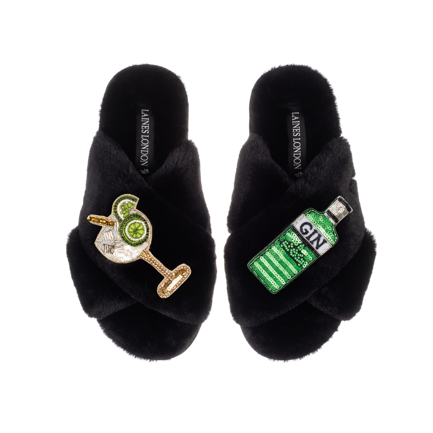 Laines London Women's Classic Laines Slippers With Original Gin & Glass Brooches - Black In Black