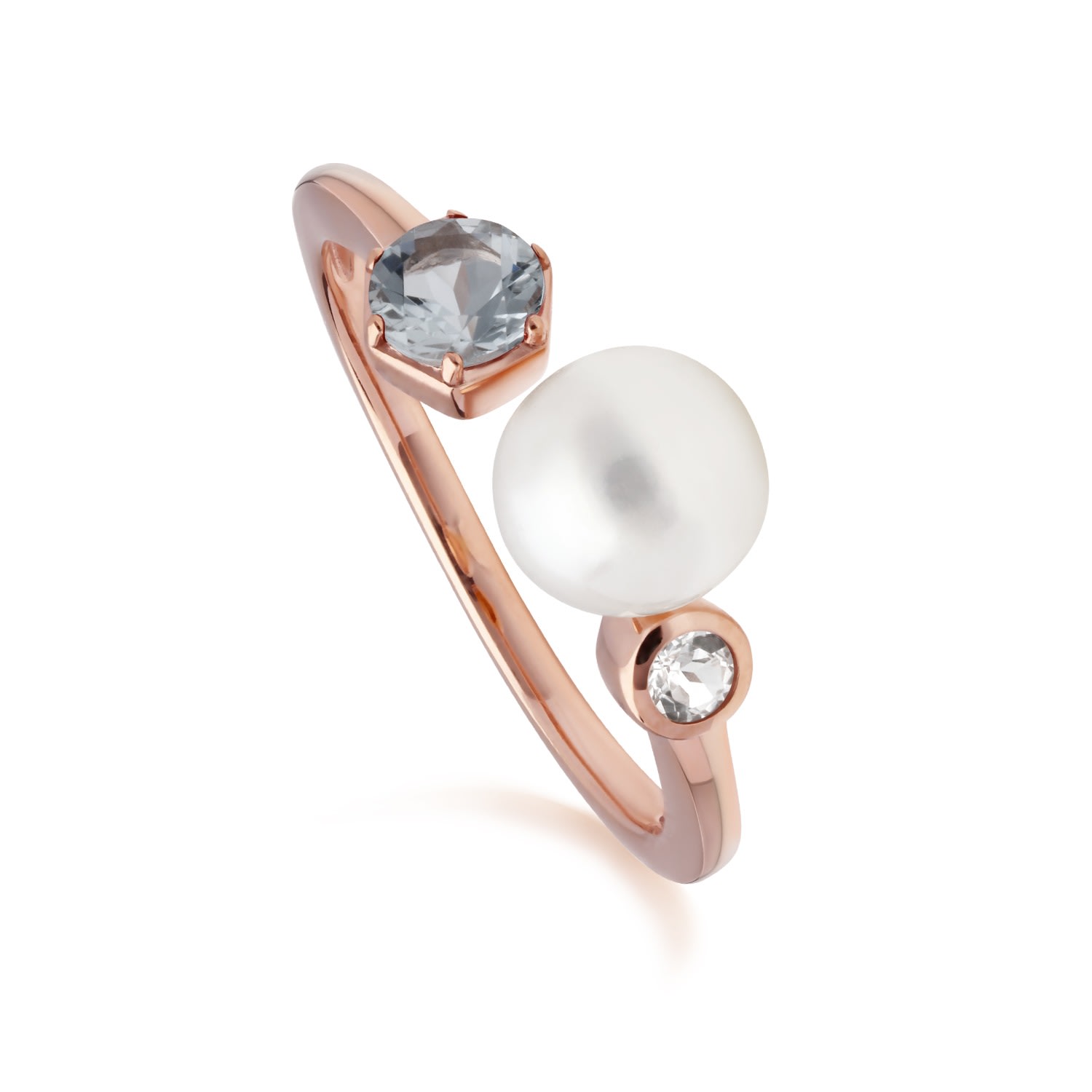Women’s Blue Pearl Aquamarine & Topaz Open Ring In Rose Gold Plated Sterling Silver Gemondo