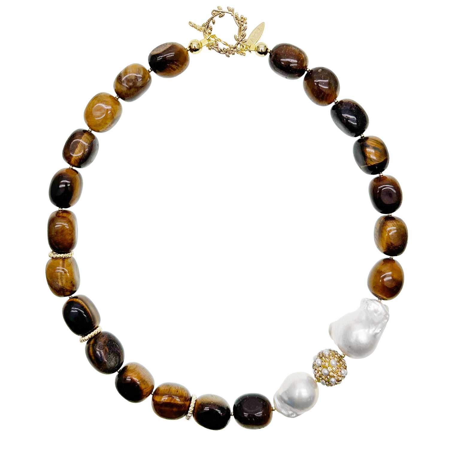 Farra Women's Brown Gorgeous Tiger Eye With Baroque Pearls Necklace